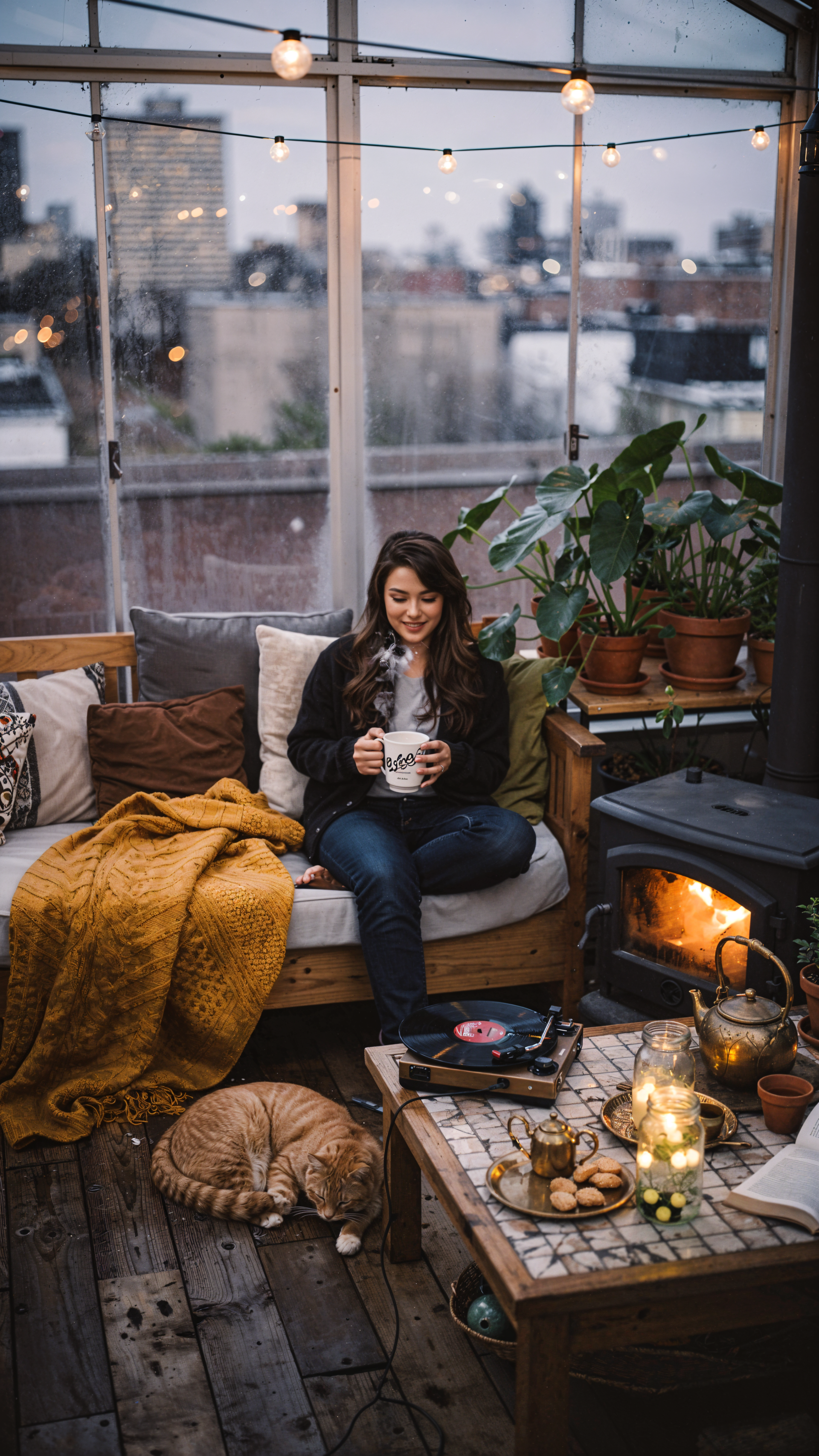 Cozy evening iPhone wallpaper: a woman on a snug indoor balcony with string lights, a knit blanket, sleeping cat, wood stove, potted plants and a record player, cradling a warm mug.