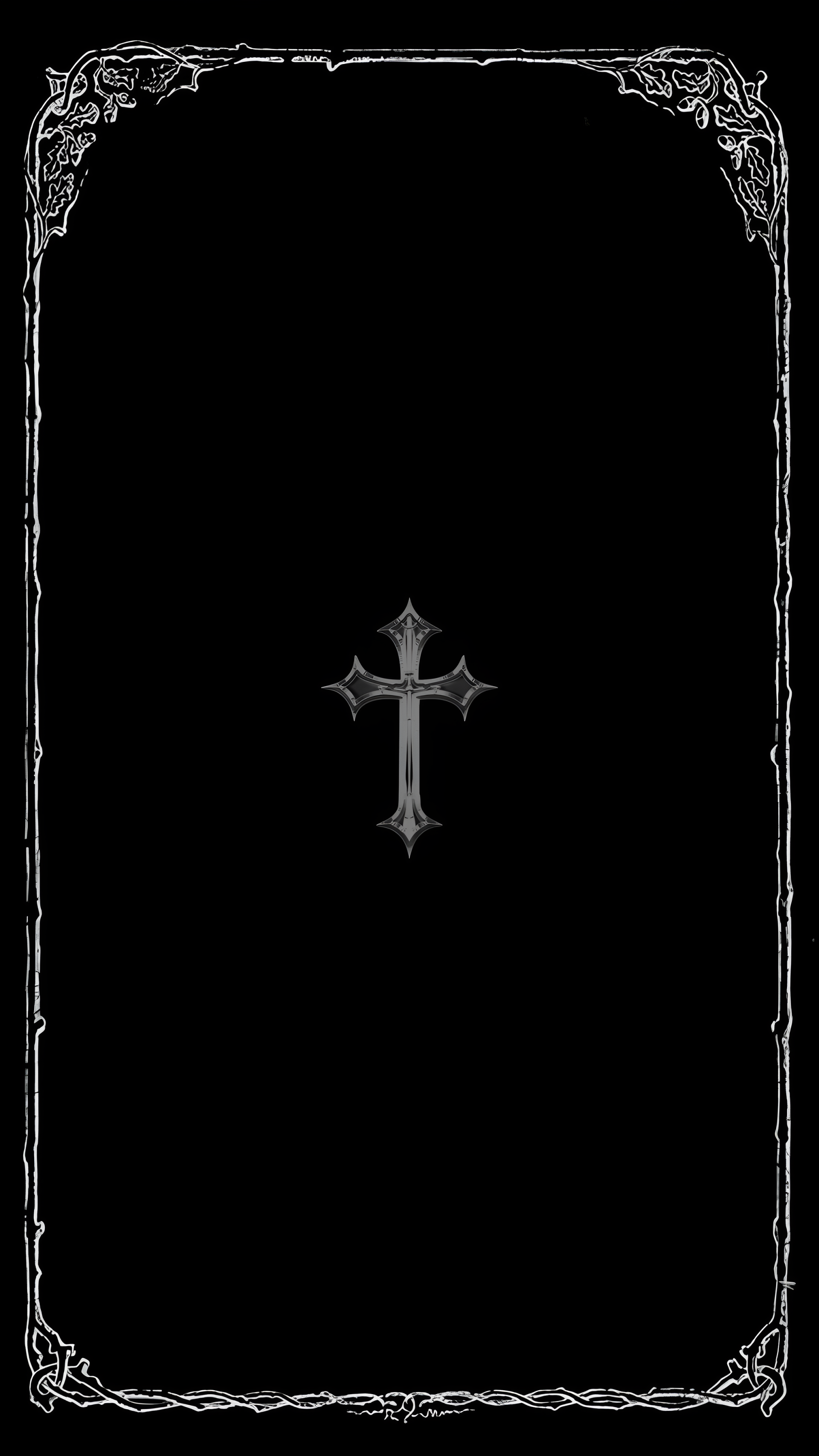 Dark, black-and-white gothic iPhone wallpaper: ornate white border around a black background with a stylized silver cross centered.
