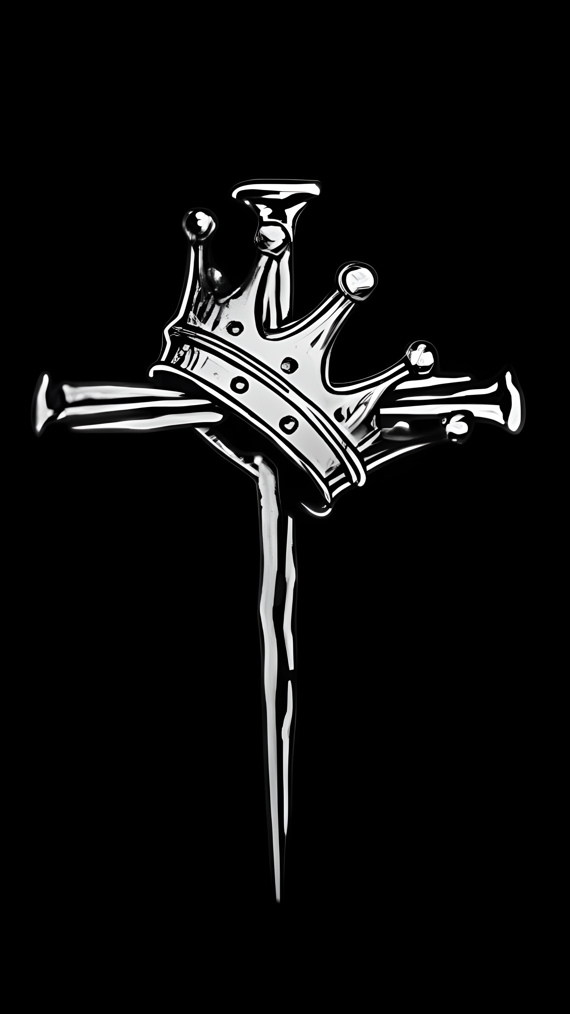 Black and white iPhone wallpaper: a shiny silver crown resting on a metallic cross against a solid black background.