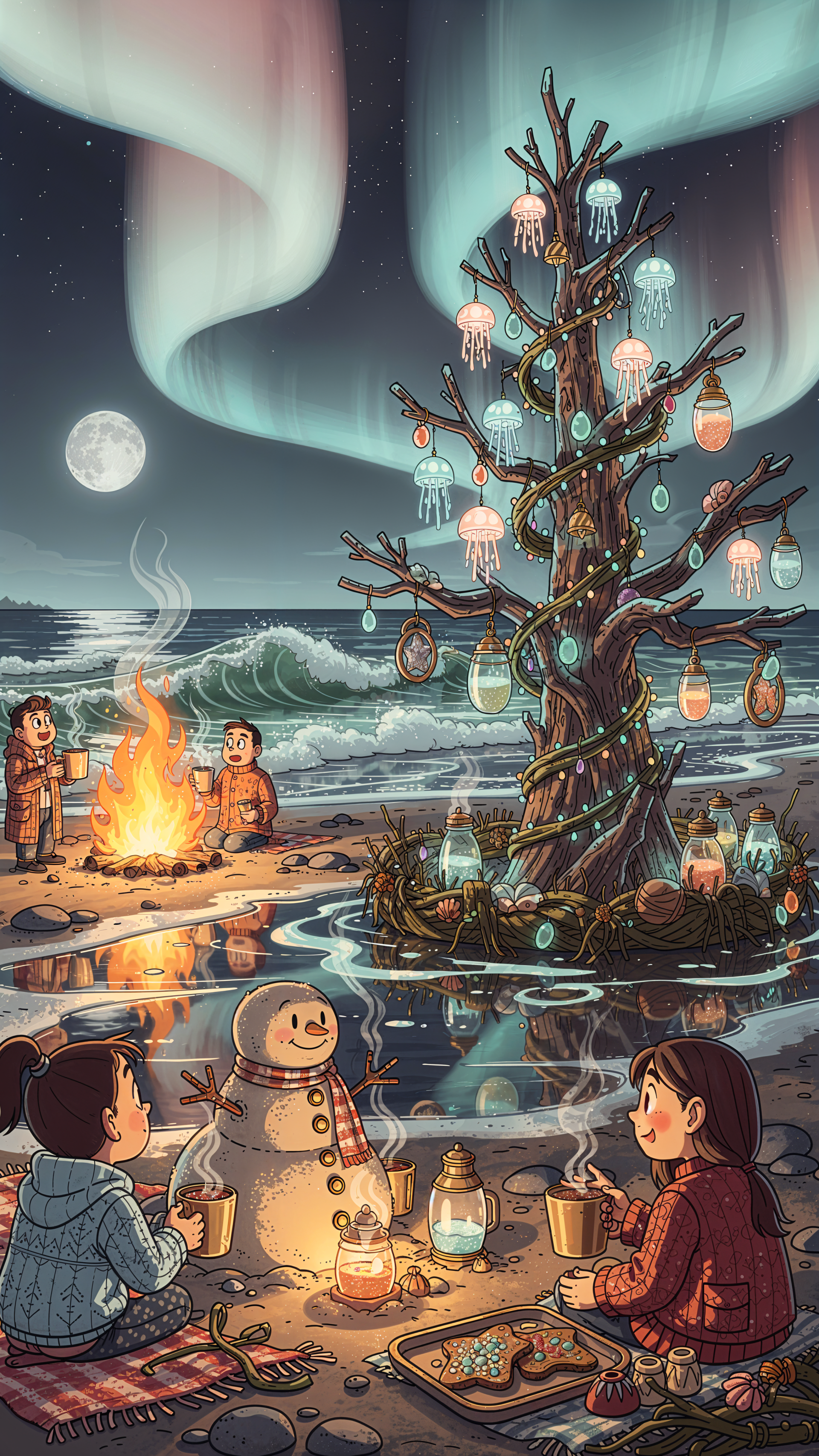 Christmas aesthetic iPhone wallpaper showing a moonlit beach with aurora, a decorated driftwood tree of glowing jars and lights, friends around a bonfire, a snowman and hot drinks.