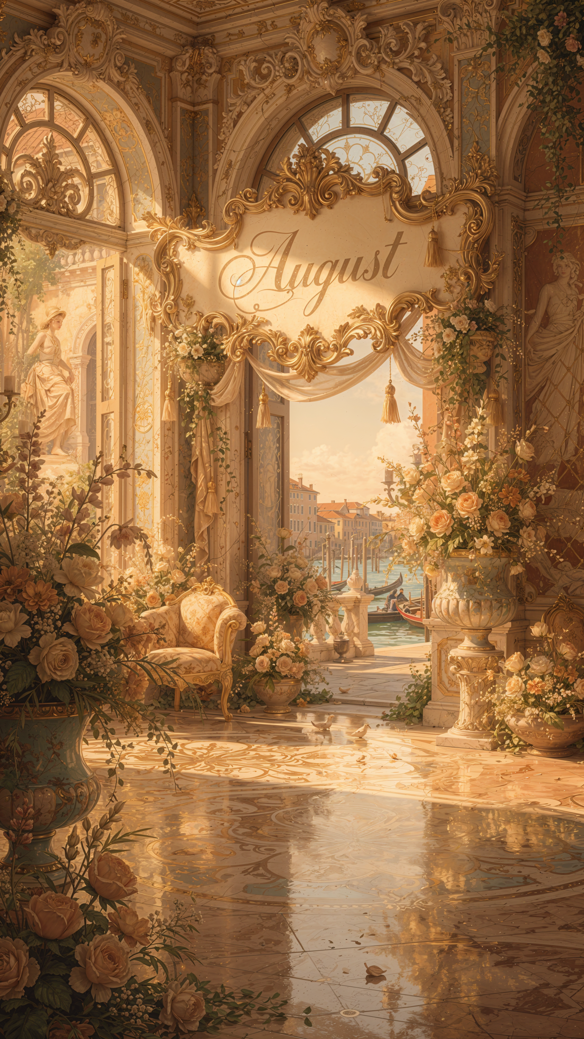 iPhone wallpaper — sunlit ornate Venetian salon in golden-rose tones, overflowing with roses, statues and carved details; a decorative banner above the doorway reads August over a canal view.