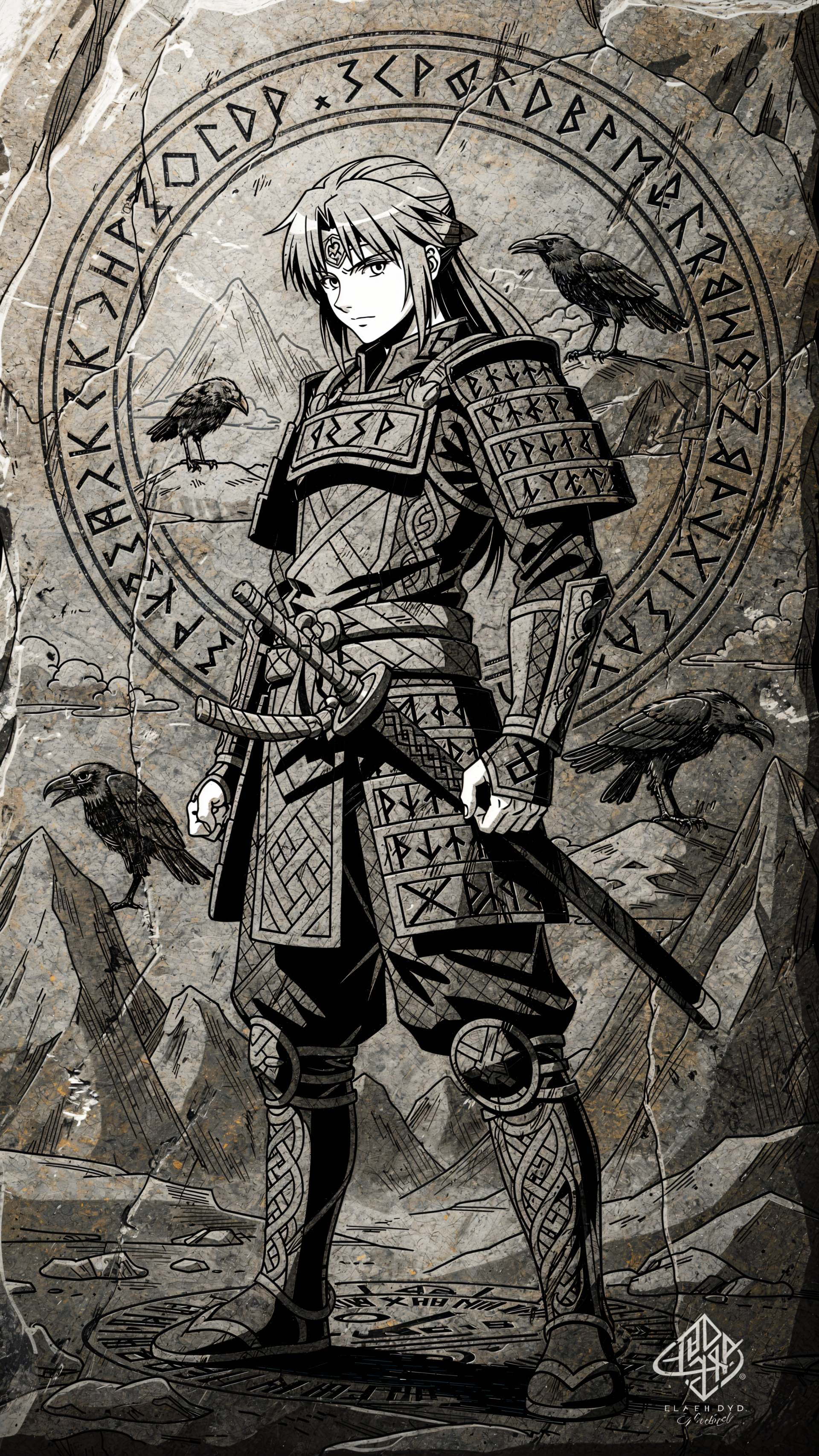 Grayscale anime samurai in ornate armor, hand on sword, standing before a rune circle with ravens and mountains — vertical phone/iPhone wallpaper.