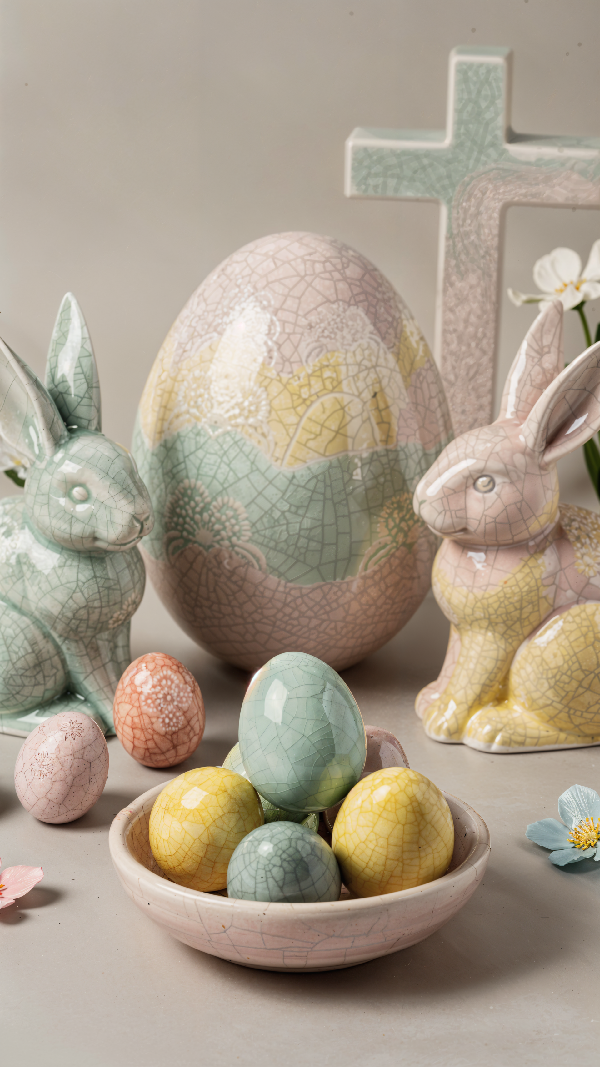 Easter iPhone wallpaper showing pastel ceramic bunnies and decorative eggs in a bowl, a large patterned egg and a cross on a soft neutral background.