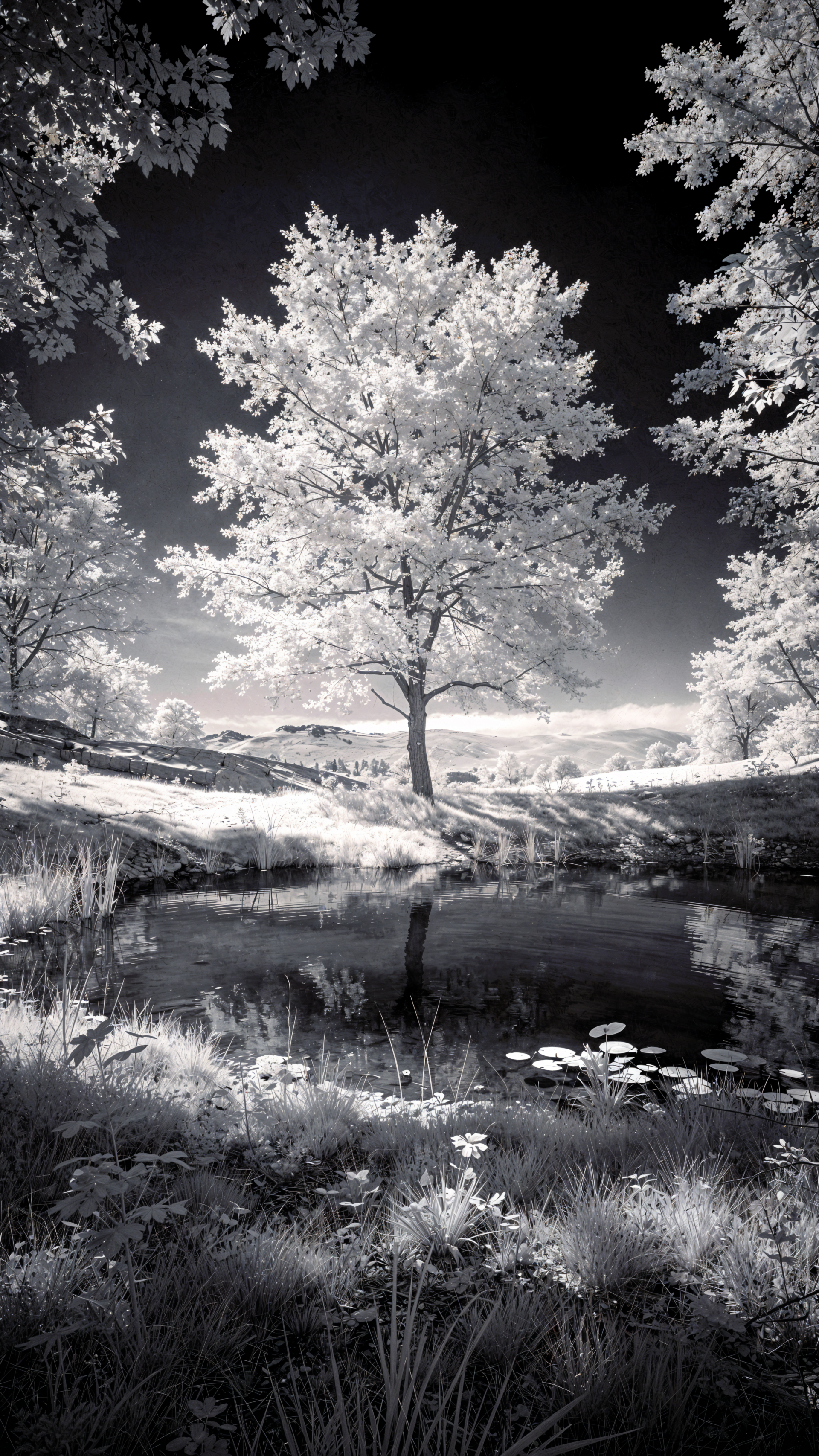 Vertical iPhone wallpaper: monochrome landscape with a lone tree of luminous white foliage reflected in a calm pond beneath a dark sky.