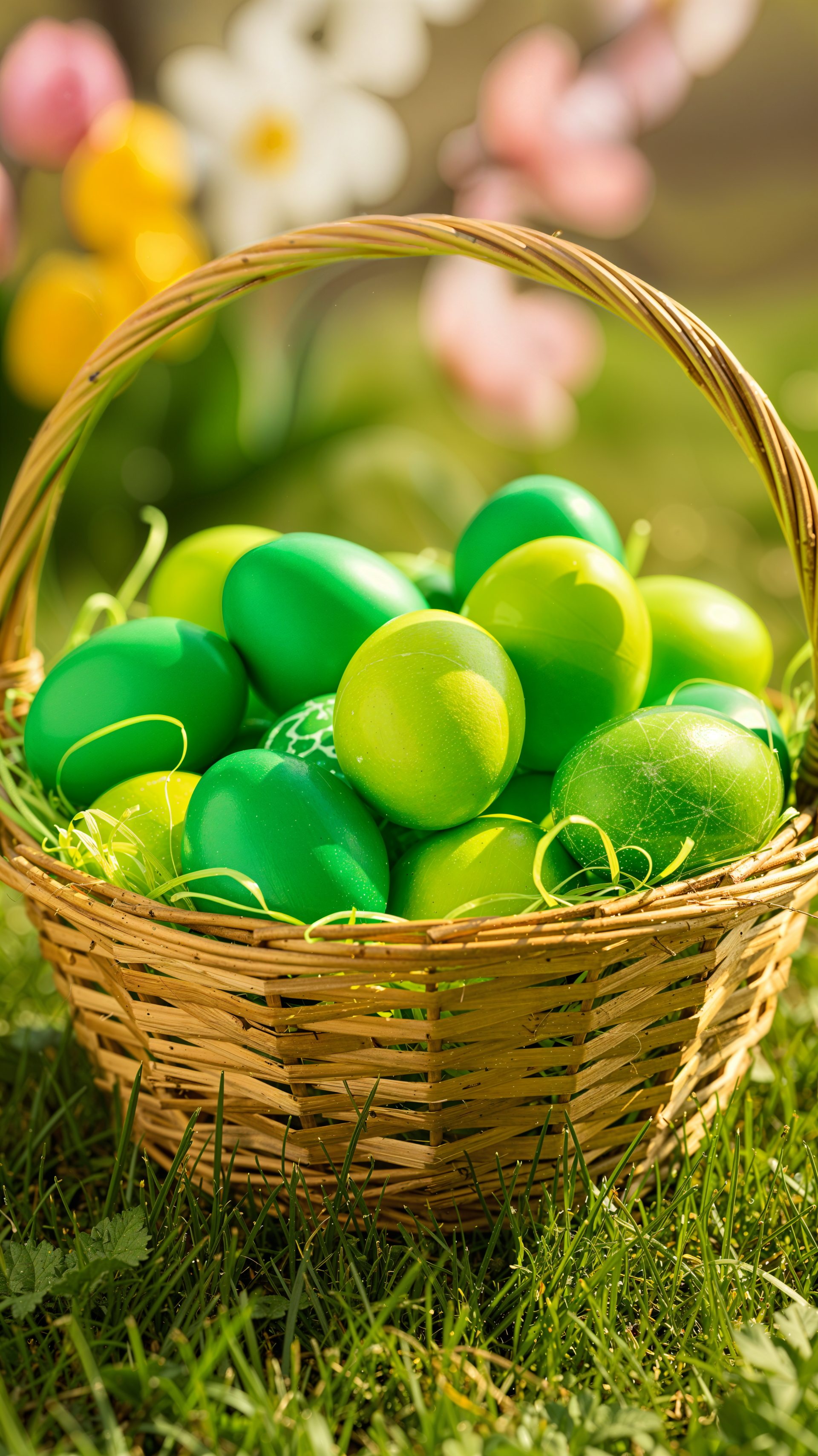 Vertical Easter iPhone wallpaper showing a wicker basket of vibrant green and yellow eggs nestled in grass with soft out-of-focus spring flowers in the background.