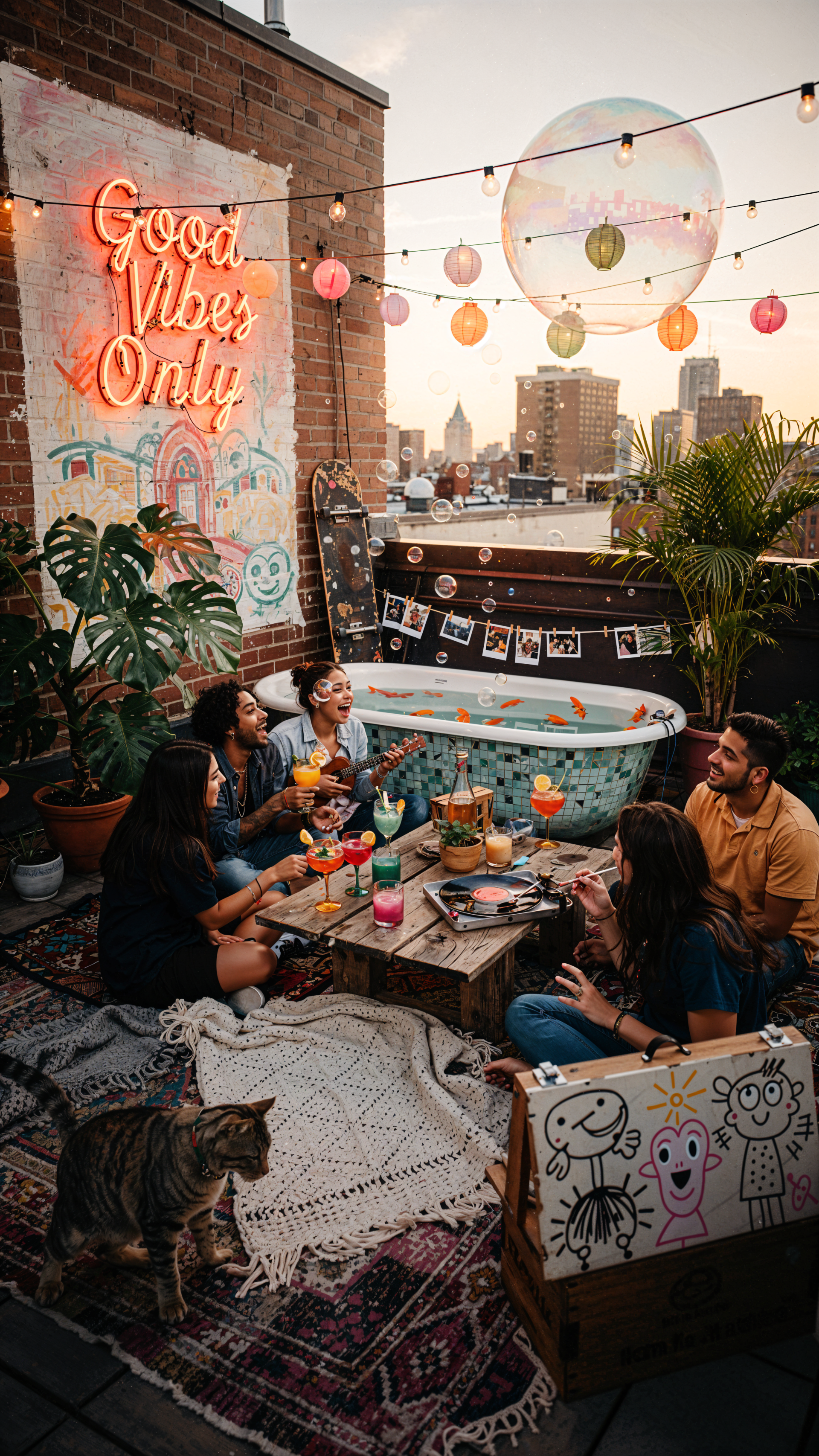 iPhone wallpaper of a cozy rooftop sunset: friends gathered around drinks, neon Good Vibes Only sign, string lights, plants, polaroids and a cat.