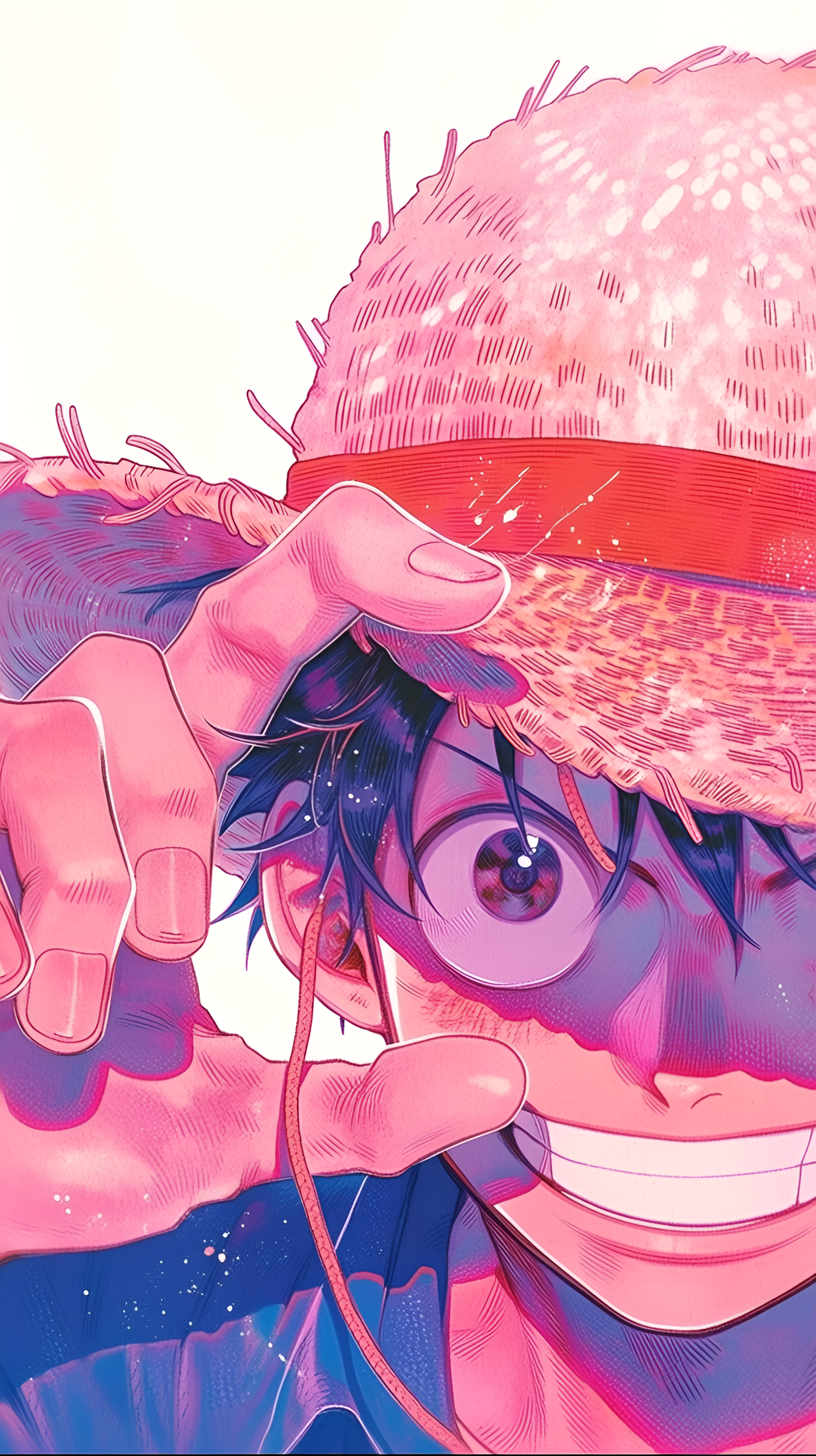 Bright anime iPhone wallpaper: One Piece’s Monkey D. Luffy grinning and tipping his straw hat, vibrant pink-blue tones against a white background.