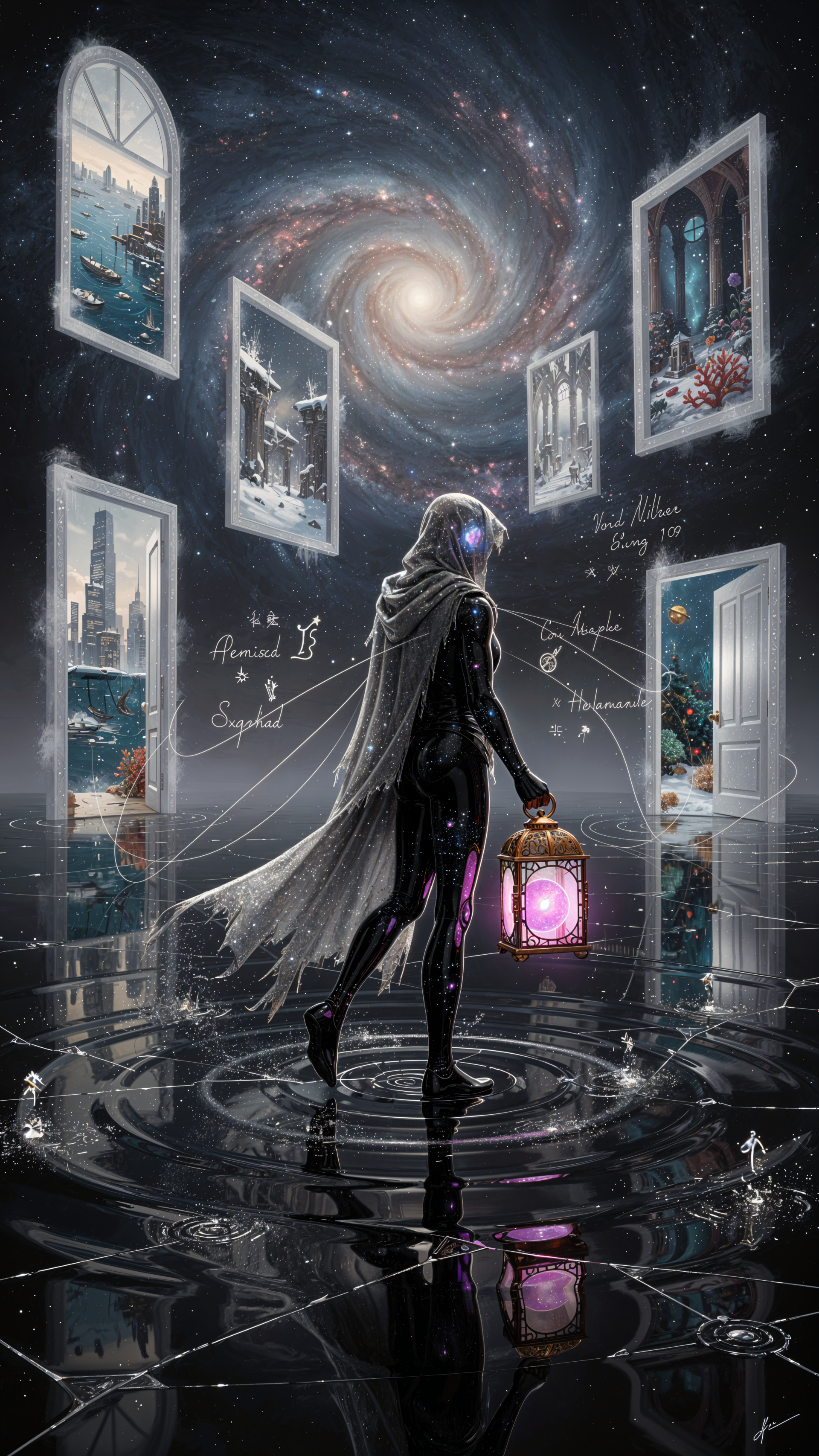 Void Walker iPhone wallpaper: cloaked, cybernetic figure holding a glowing purple lantern on a reflective pool, surrounded by floating doorways and a spiral galaxy overhead.