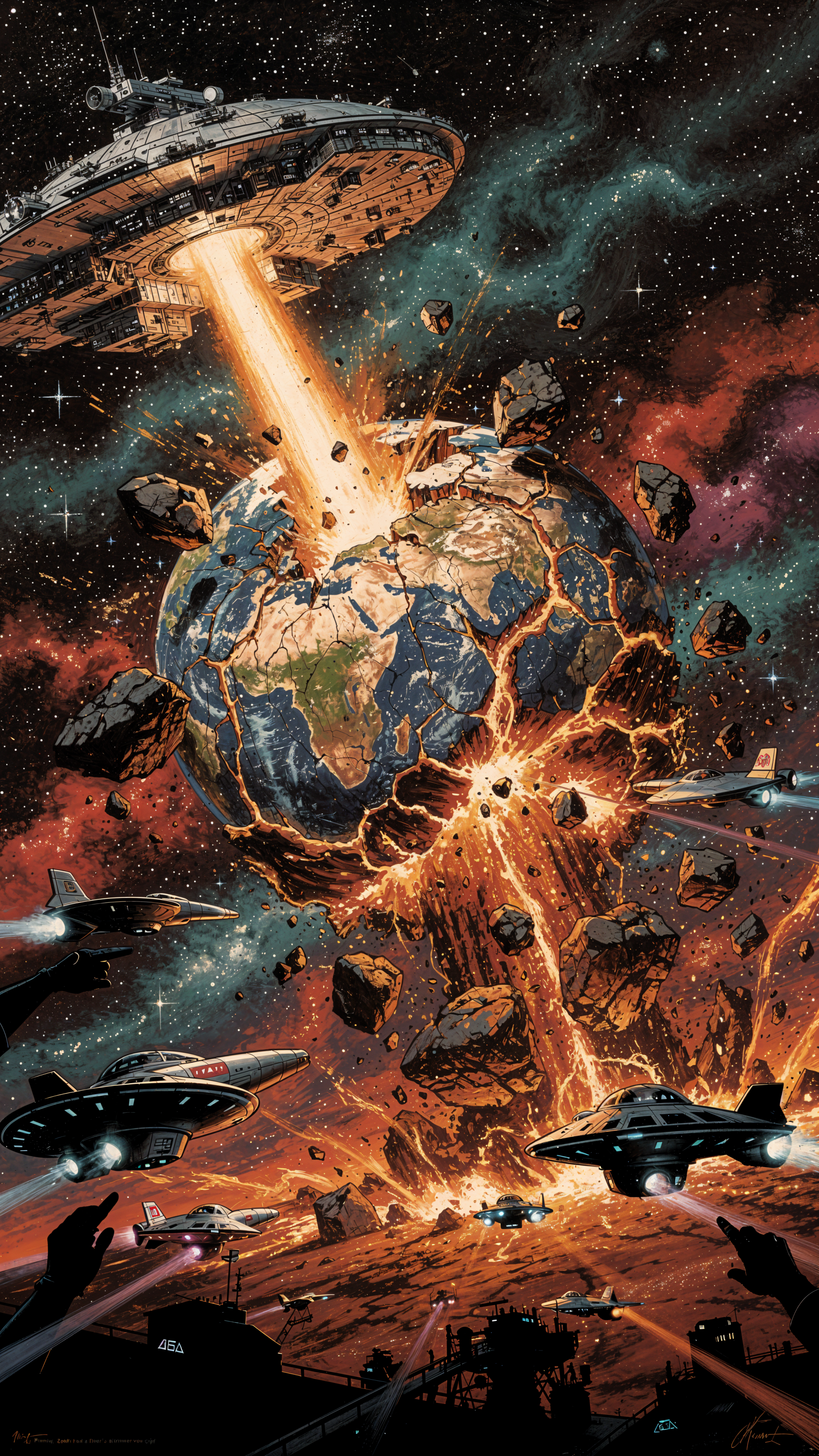 Phone/iPhone wallpaper: Planet Destruction — an alien mothership’s beam shatters Earth into fiery, debris-filled fragments while starfighters circle against a starry void.