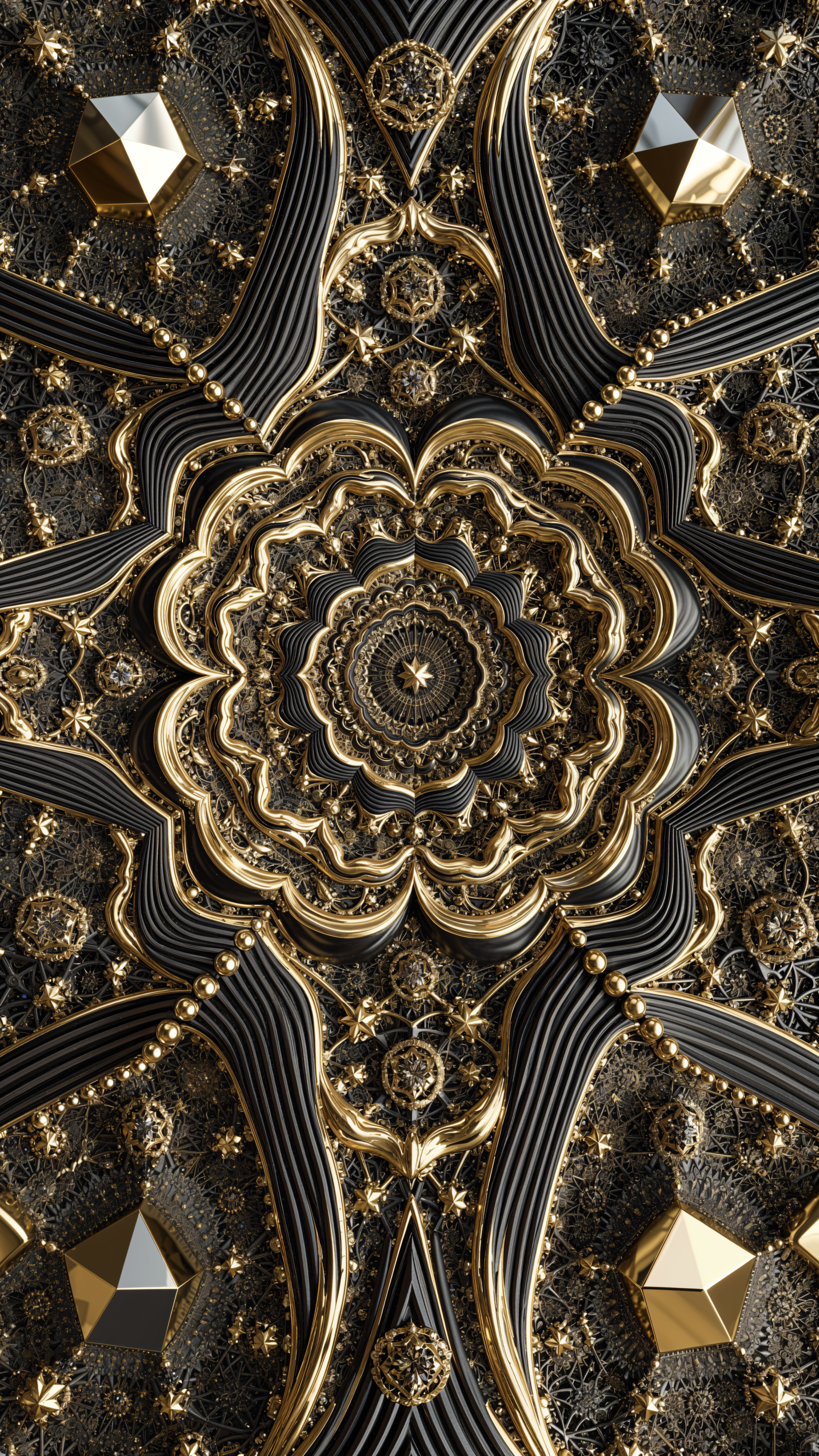 iPhone wallpaper: trippy gold-and-black kaleidoscopic mandala with ornate metallic filigree, geometric facets and concentric repeating patterns.