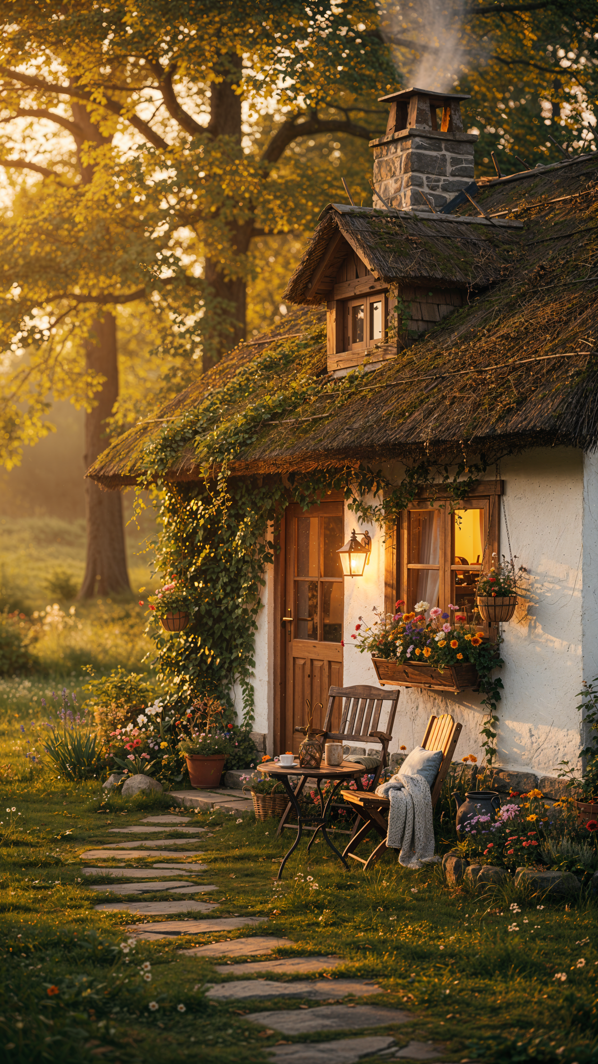Cozy cottage at golden hour with glowing windows, smoke curling from the chimney, flower-filled window boxes and a rustic stone path — vertical phone/iPhone wallpaper.