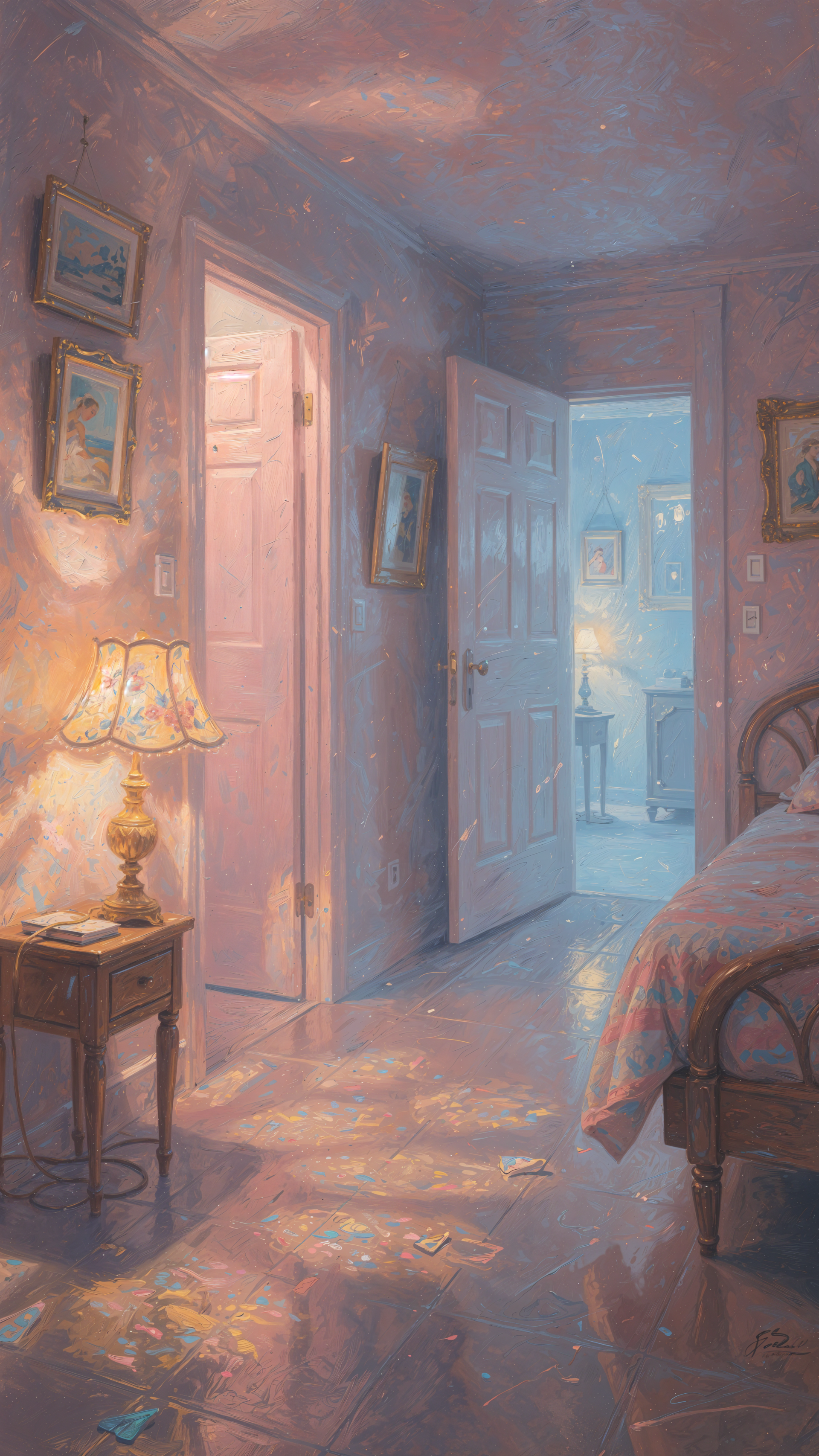 Dreamcore iPhone wallpaper of a pastel-lit bedroom corridor: open doors, warm lamp glow, and glittering stardust on the floor, evoking a soft, surreal dream.