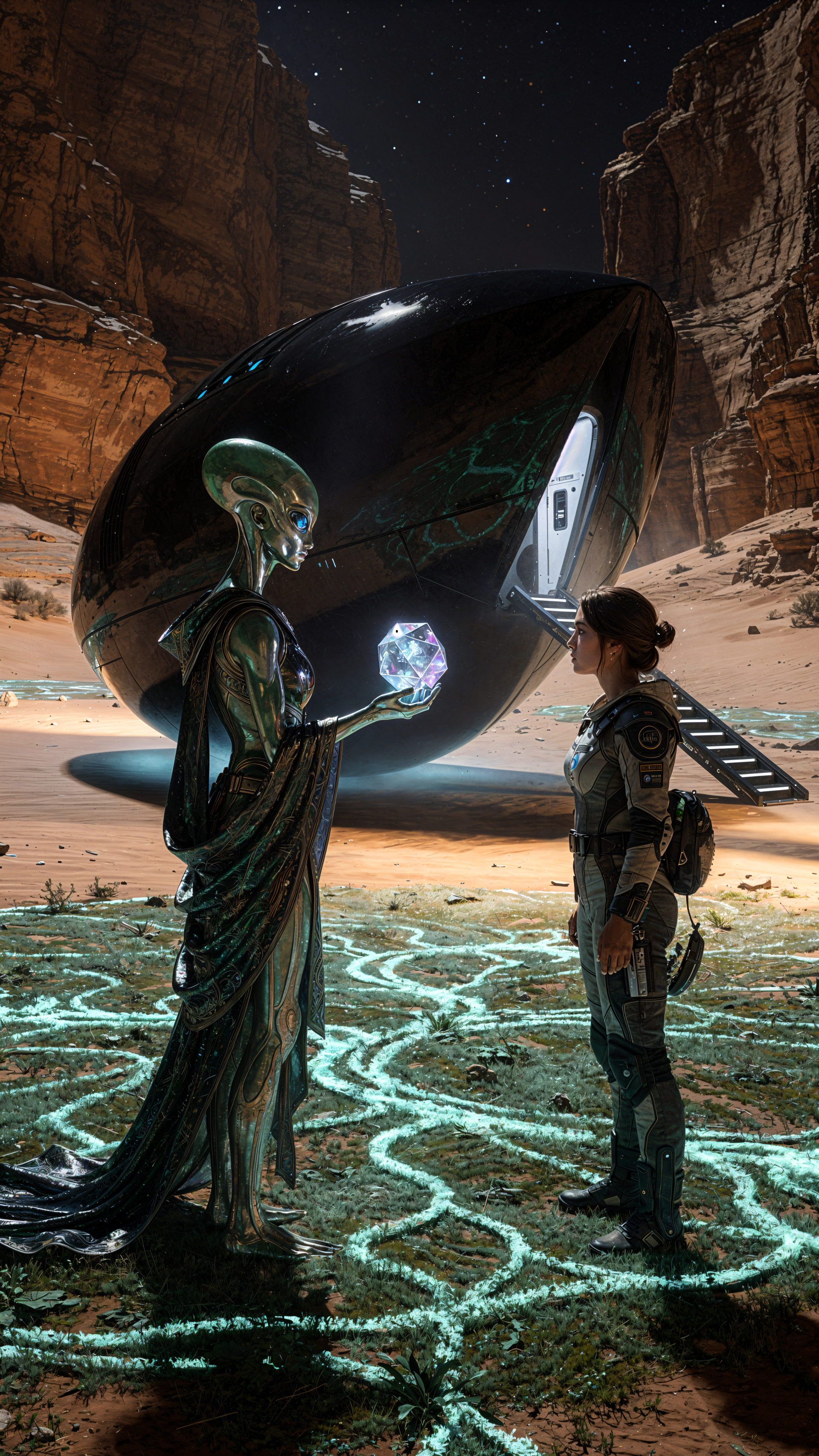 iPhone wallpaper of an alien diplomat presenting a glowing crystal to a human envoy beside a sleek black craft in a starry desert canyon, luminescent sigils glowing on the ground.