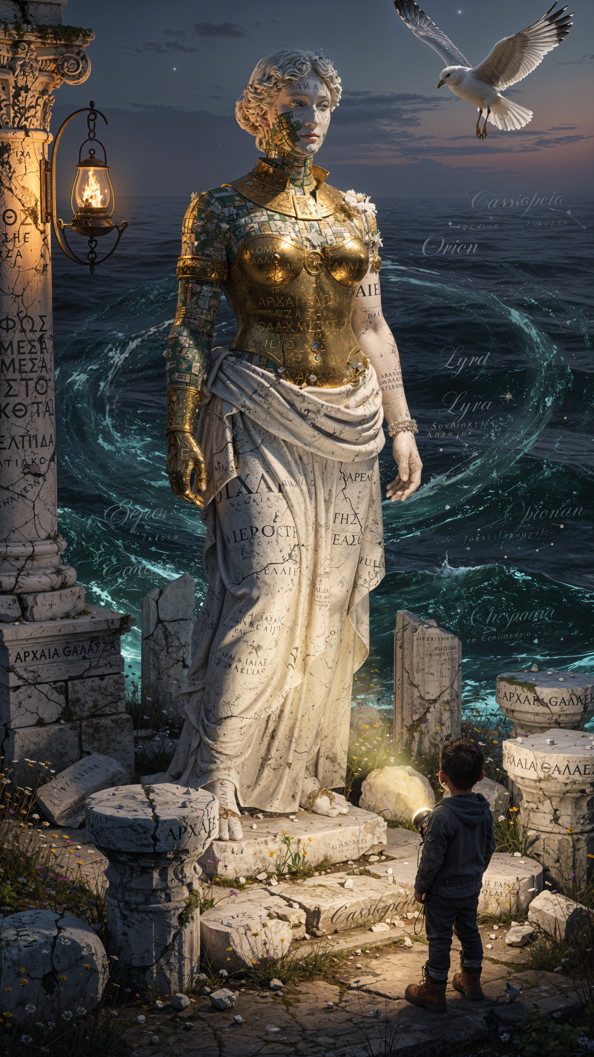 iPhone wallpaper: towering Greek statue of a gold-armored woman among coastal ruins, a child gazes up as a seagull flies overhead.