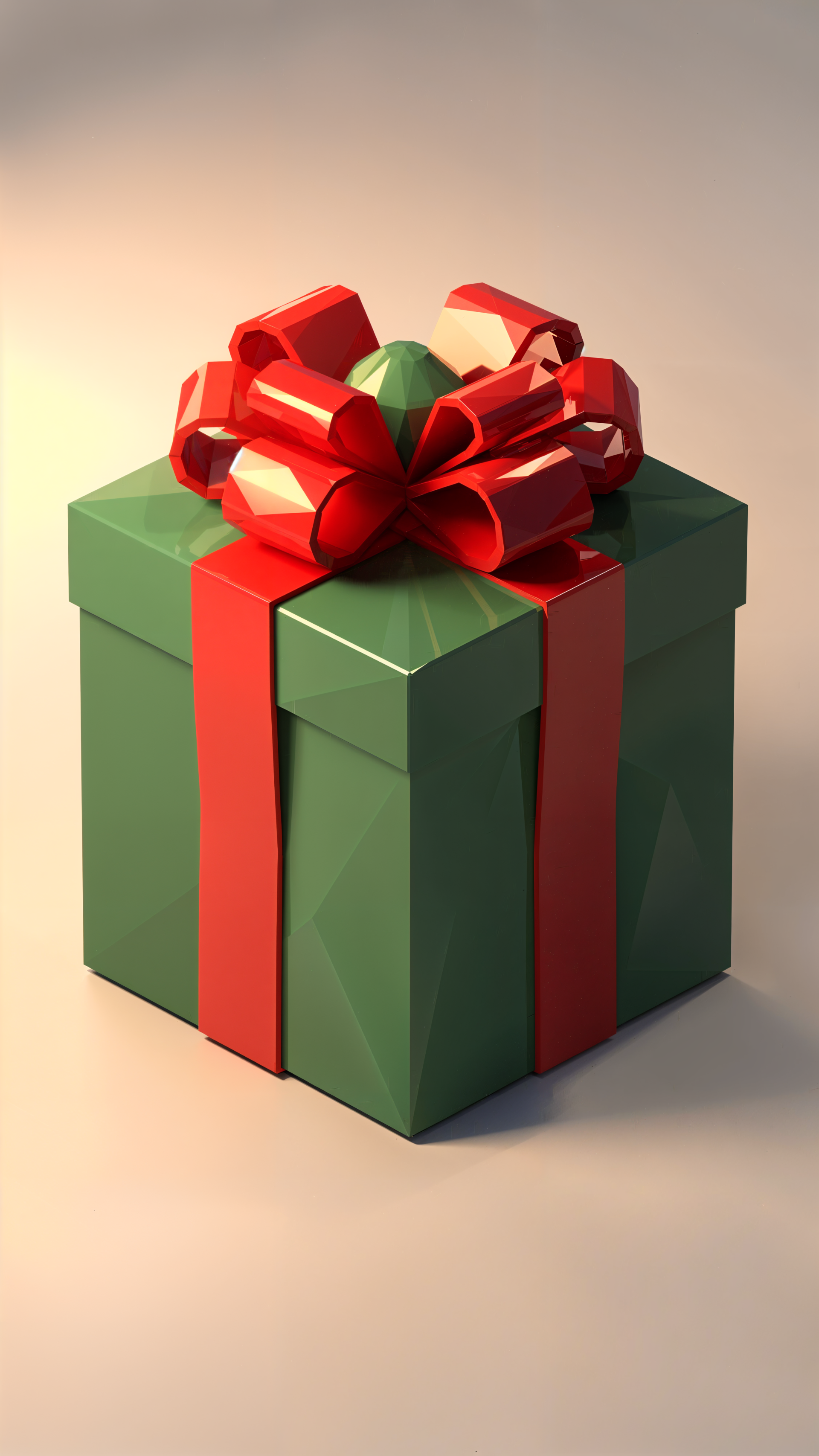 Christmas gift iPhone wallpaper: stylized green present with a red ribbon and bow on a soft, warm gradient background.