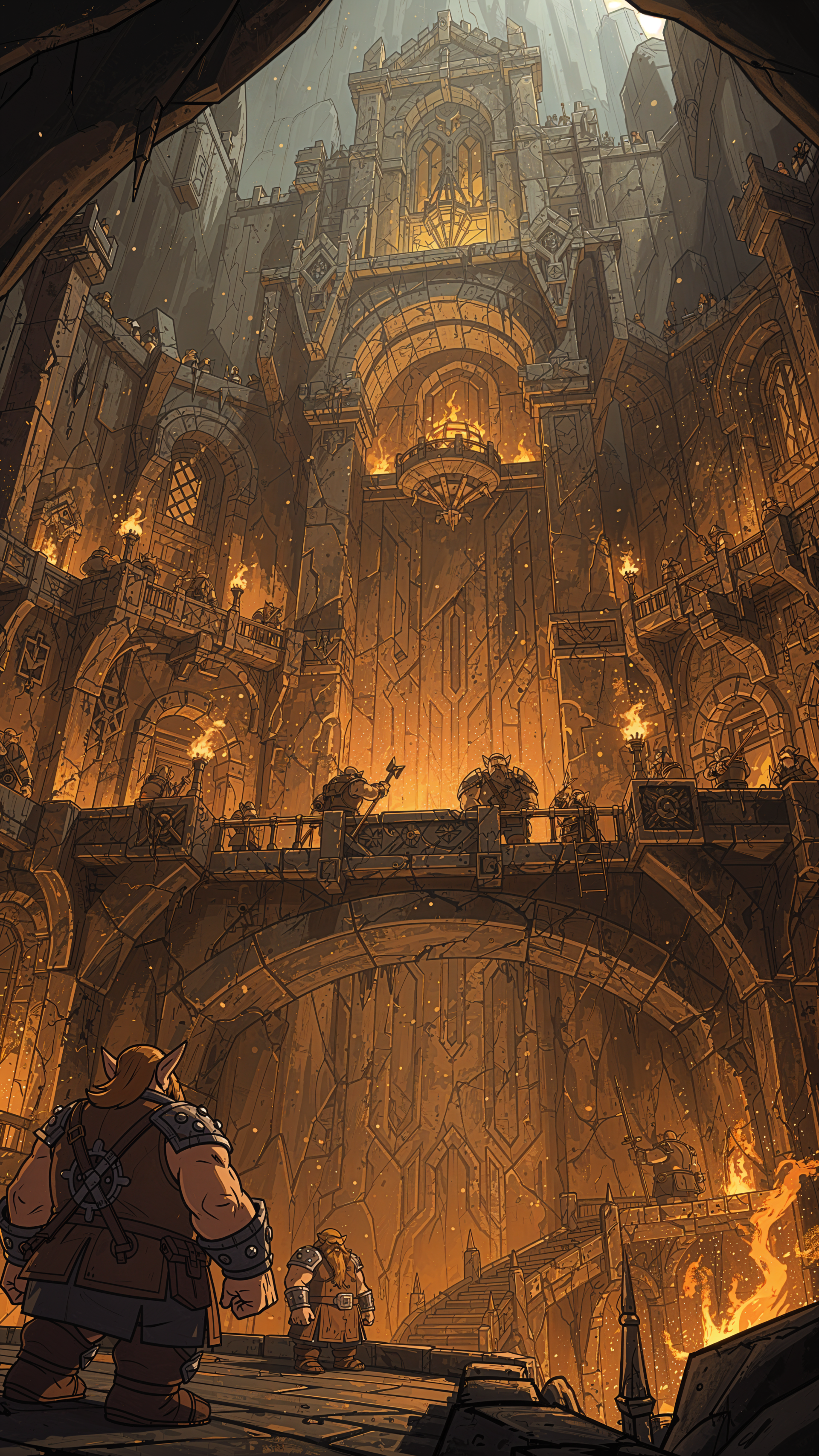 iPhone wallpaper of a cavernous dwarven stronghold: towering stone halls, molten-forge glow, torchlit bridges and small figures surveying the depths.