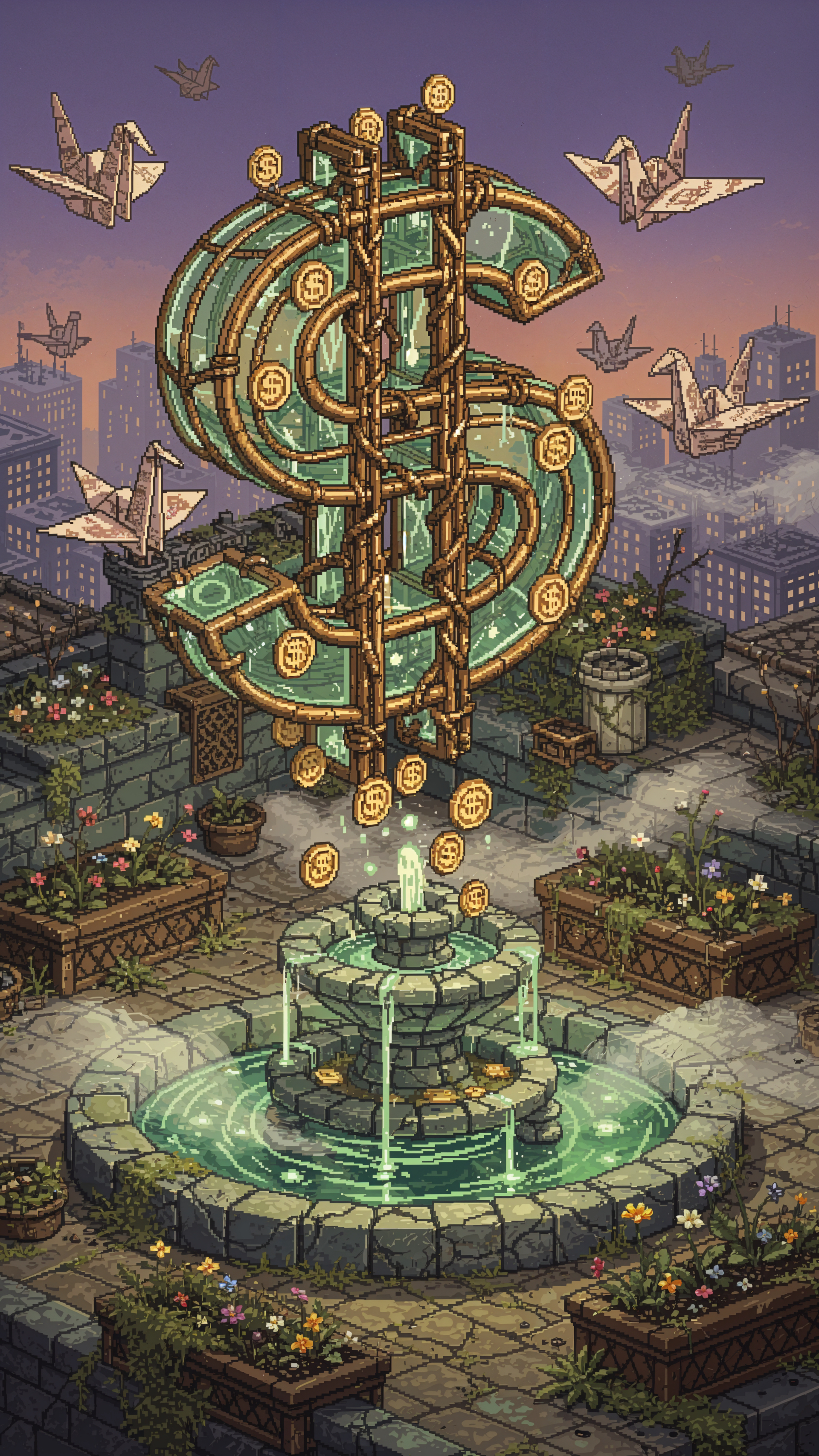 iPhone wallpaper: pixel-art rooftop fountain with a giant dollar sign sculpture dripping coins, origami cranes overhead and a city skyline at sunset.