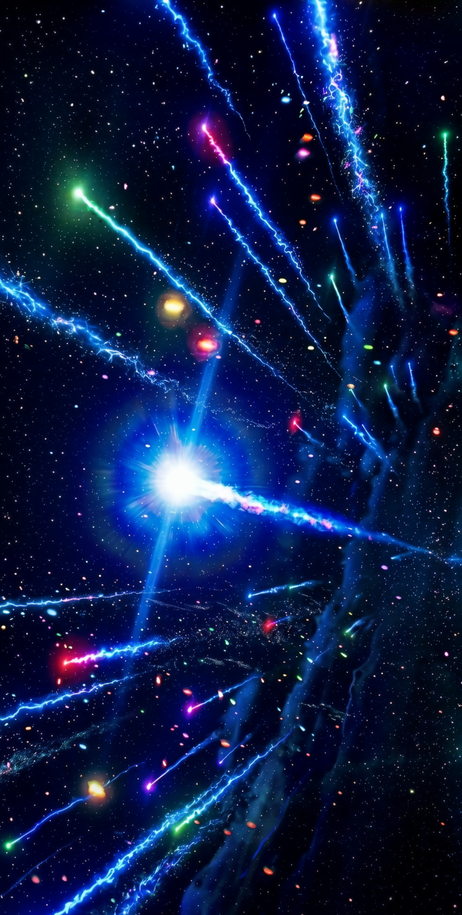 Vertical iPhone wallpaper: Super Mario movie–inspired scene — a bright starburst with colorful falling star trails streaking across a cosmic starfield.
