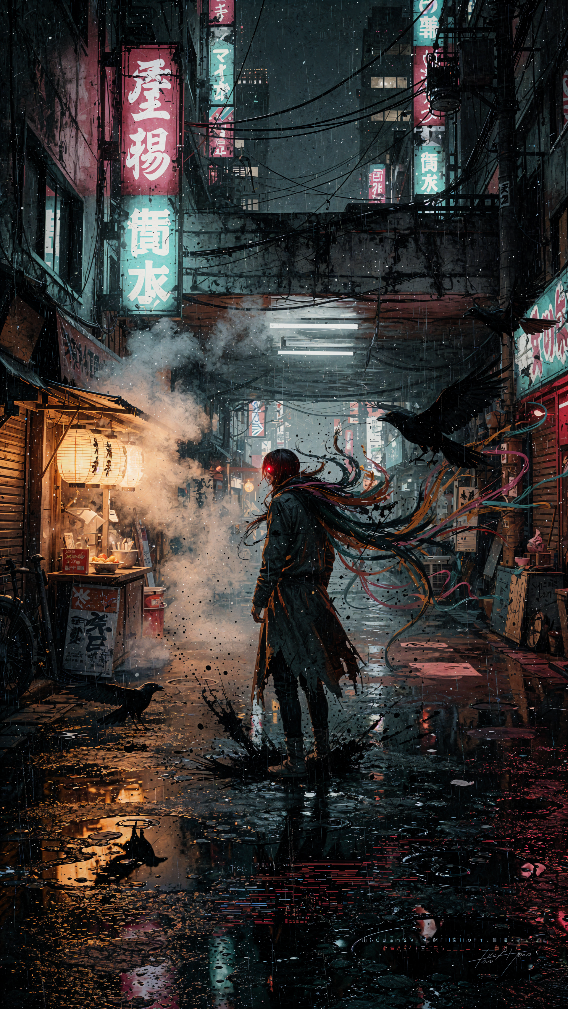 Tokyo Ghoul iPhone wallpaper: rain-slick neon alley, lone ghoul with a red eye and flowing kagune, steaming street stall and circling crows reflected in puddles.