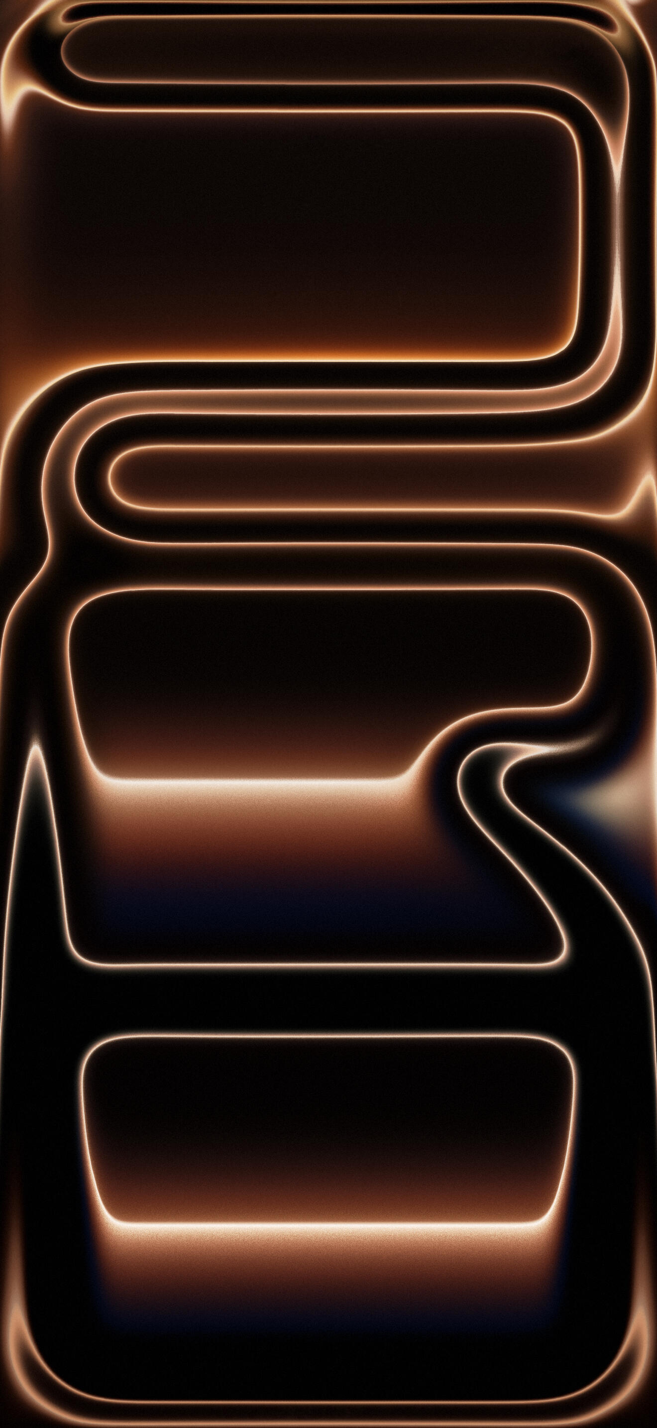 Abstract brown iPhone wallpaper by Apple Inc.: glowing rounded-rectangle bands forming ribbon-like loops on a dark background.