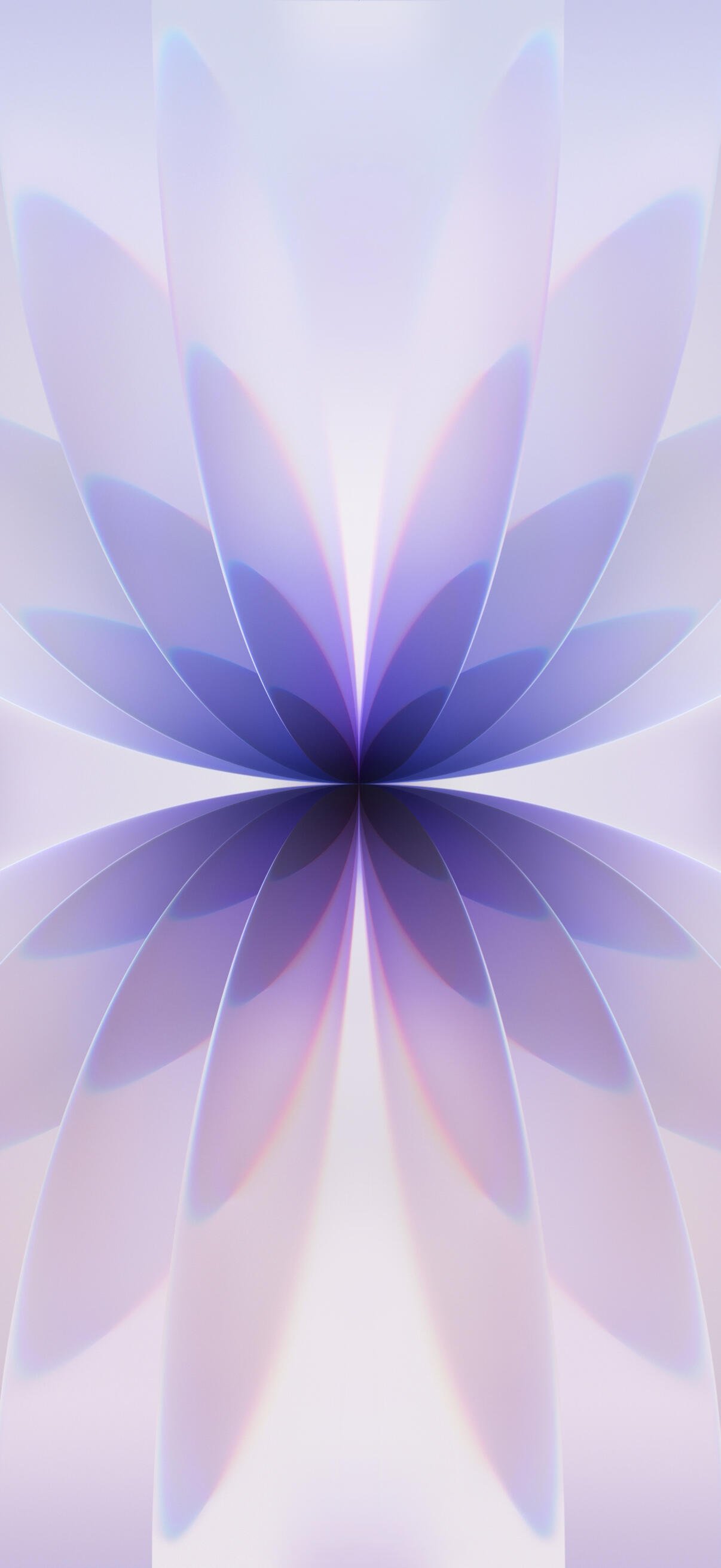 Abstract iPhone wallpaper showing layered pastel lavender petals forming a mirrored floral burst, with a minimalist Apple Inc. aesthetic and soft pastel colors.