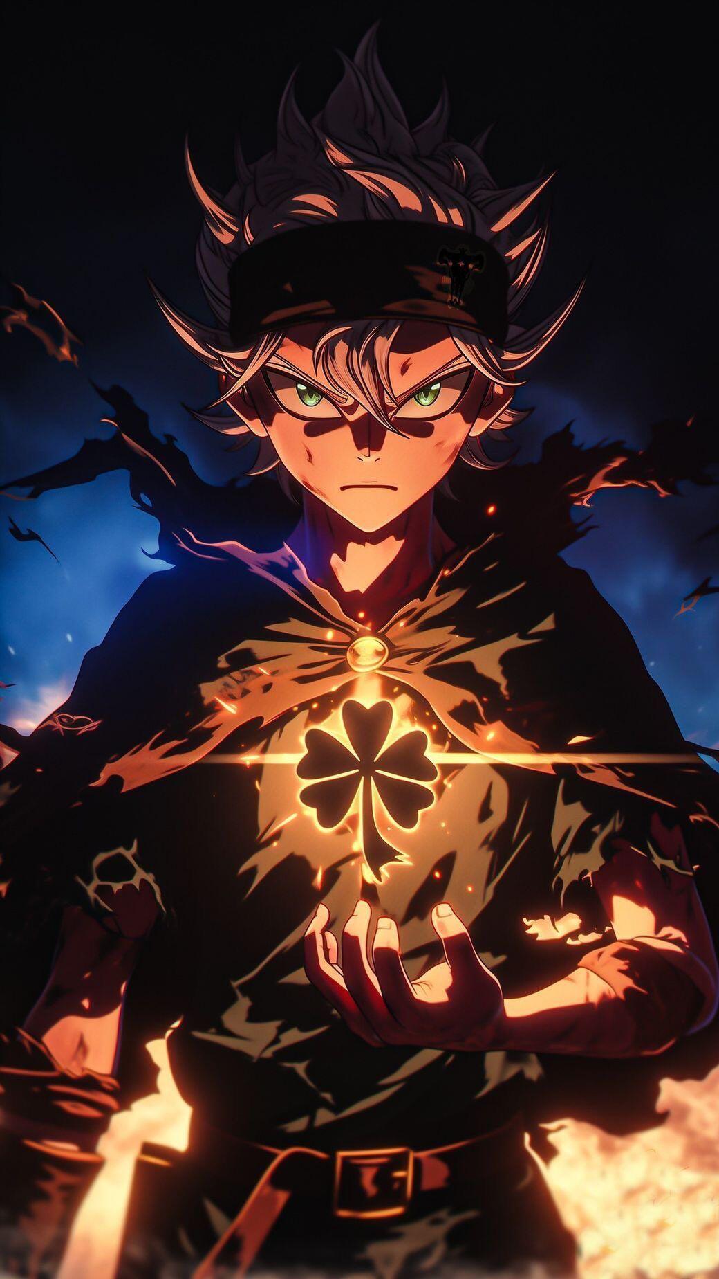 Anime iPhone wallpaper of Asta from Black Clover: intense portrait with glowing green eyes, dark cloak and a fiery four-leaf grimoire emblem held in his hands.