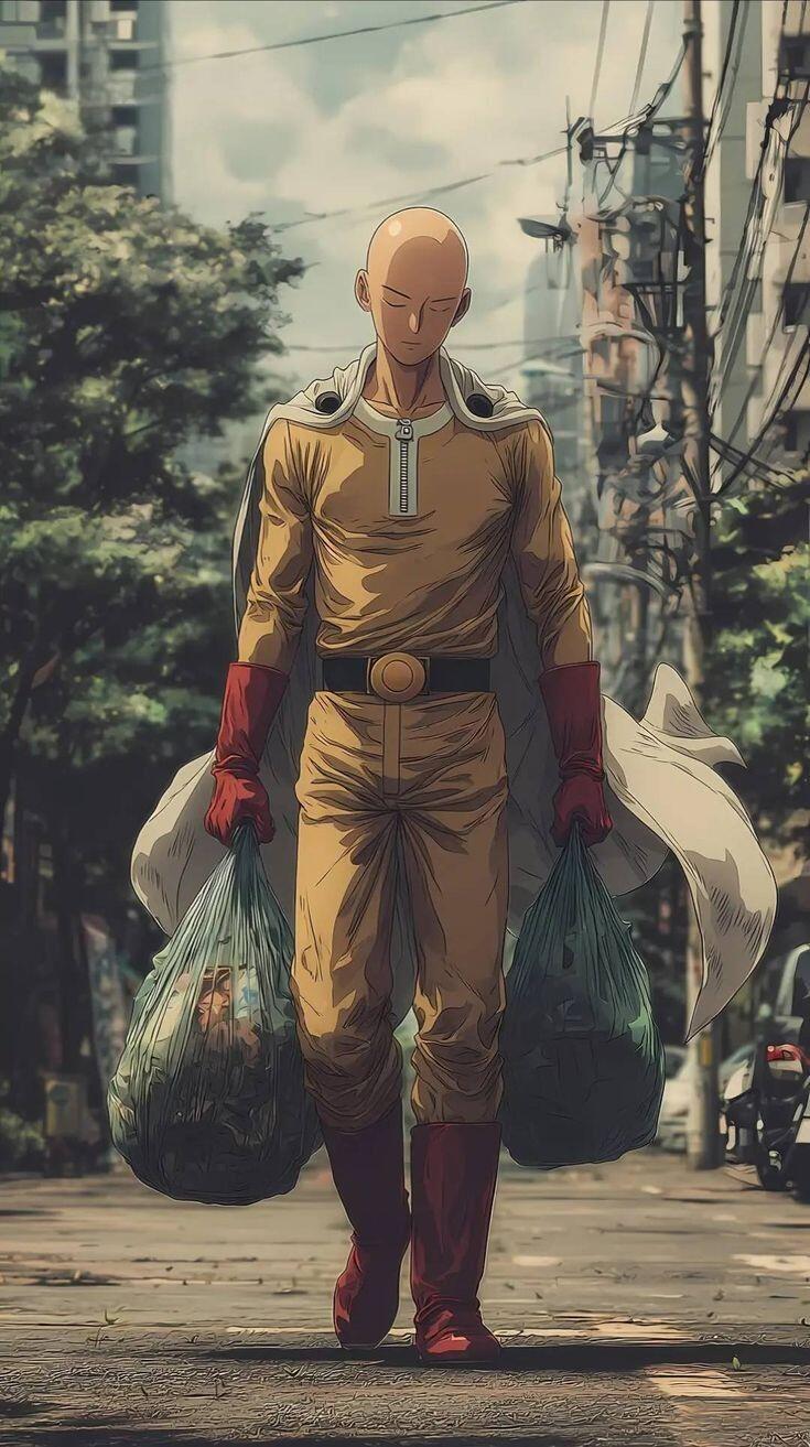 Anime iPhone wallpaper of Saitama from One-Punch Man: bald hero in yellow suit and red gloves walking a city street carrying two grocery bags, cape flowing behind him.