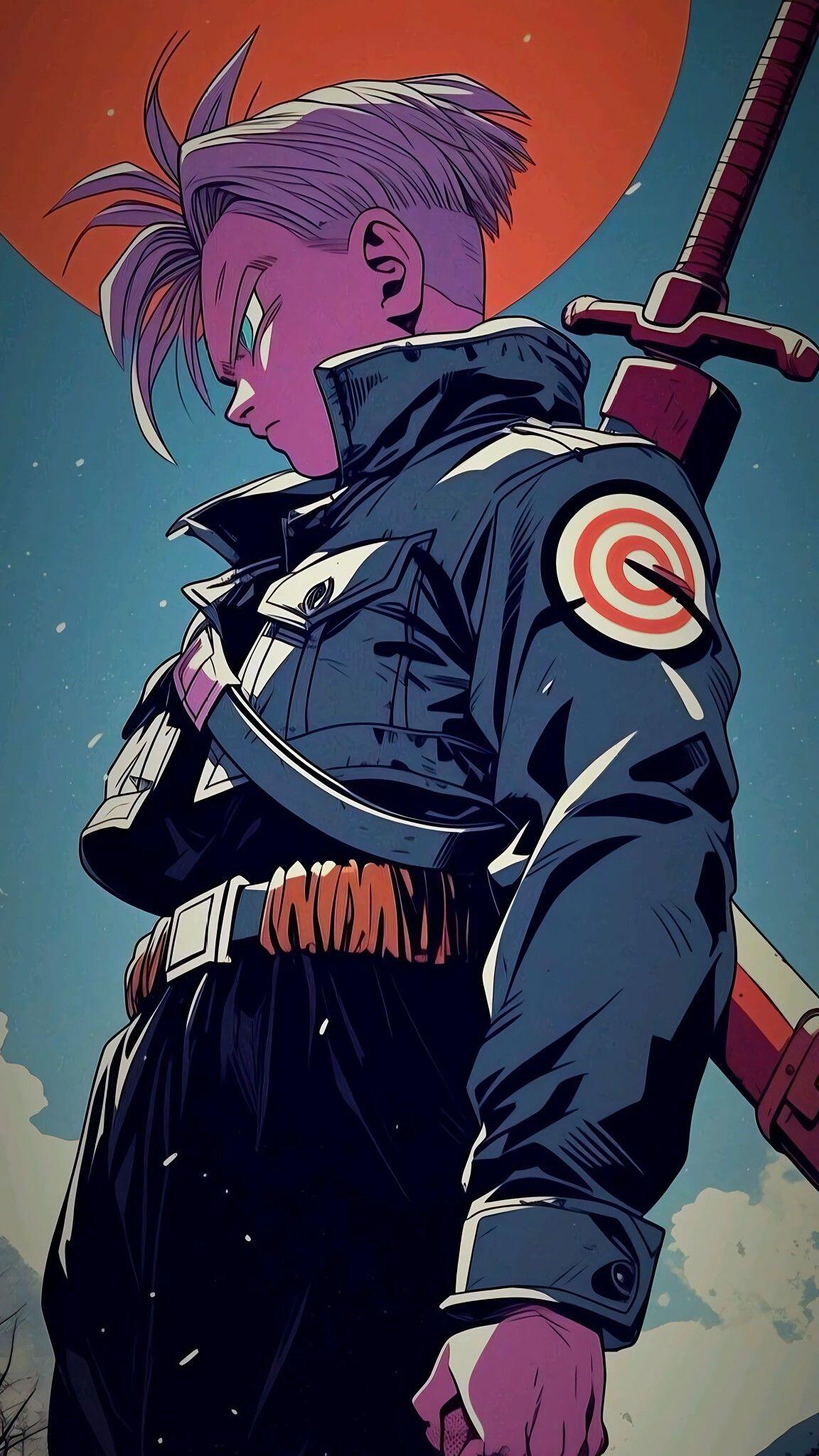 Retro-anime Dragon Ball Z iPhone wallpaper of Trunks (Dragon Ball) in profile, sword on his back, target patch on his jacket and an orange sun halo behind him.