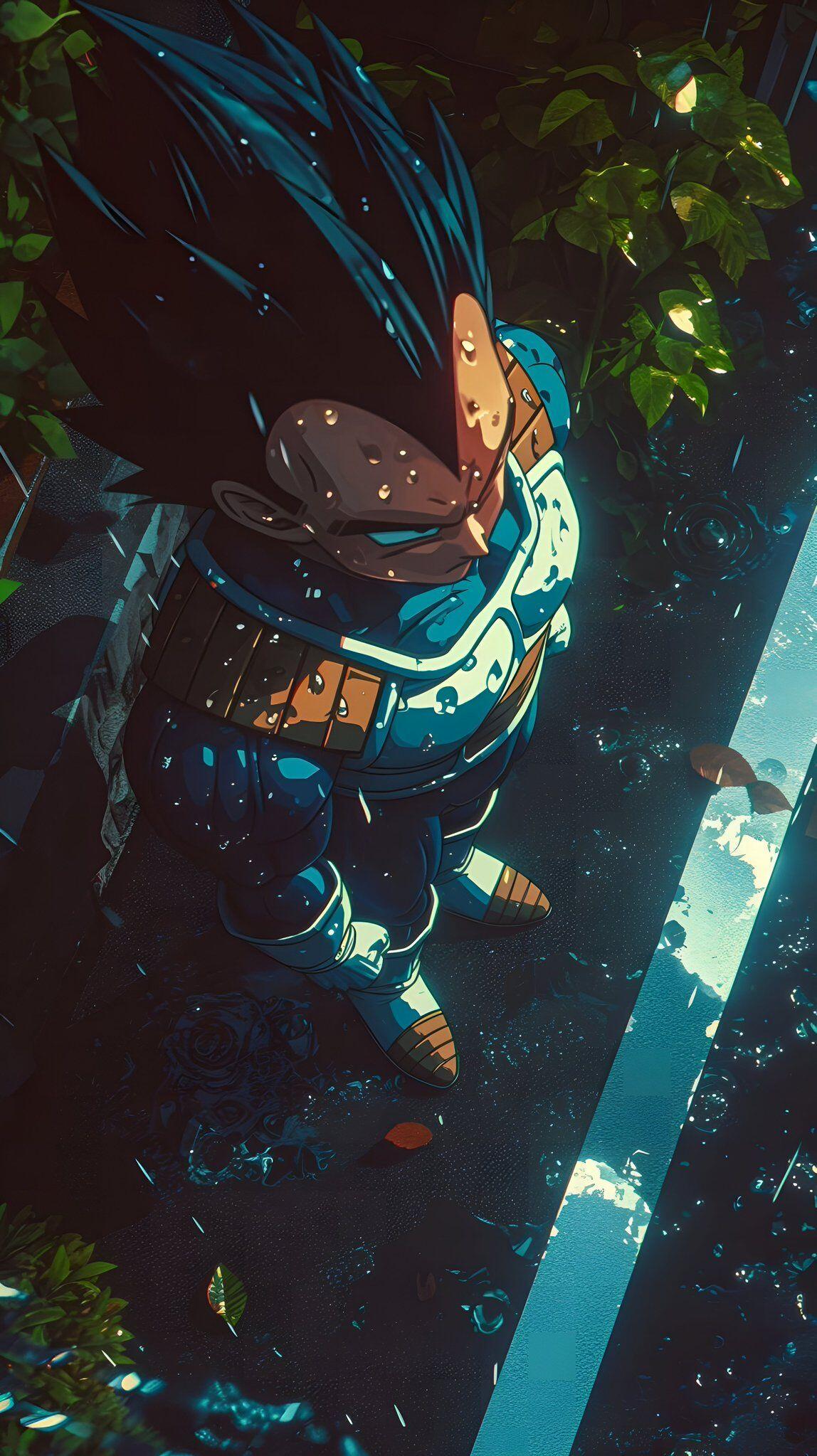 iPhone wallpaper of Vegeta (Dragon Ball Super) in a rain-soaked anime scene, standing by a glowing street line amid wet foliage.