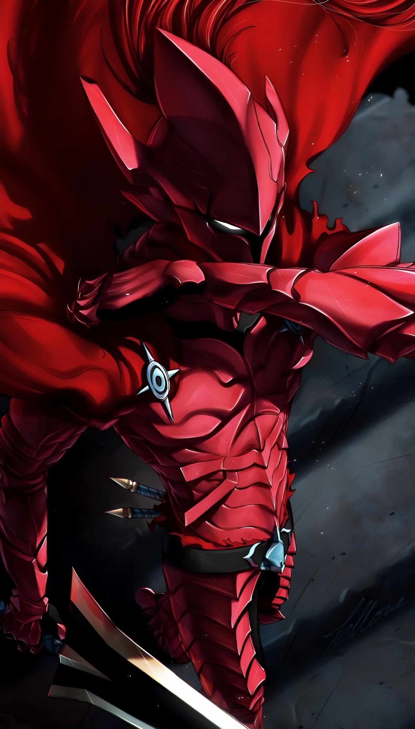 iPhone wallpaper: Igris (Solo Leveling) in red armor, cape flowing, wielding blades against a stormy dark background.