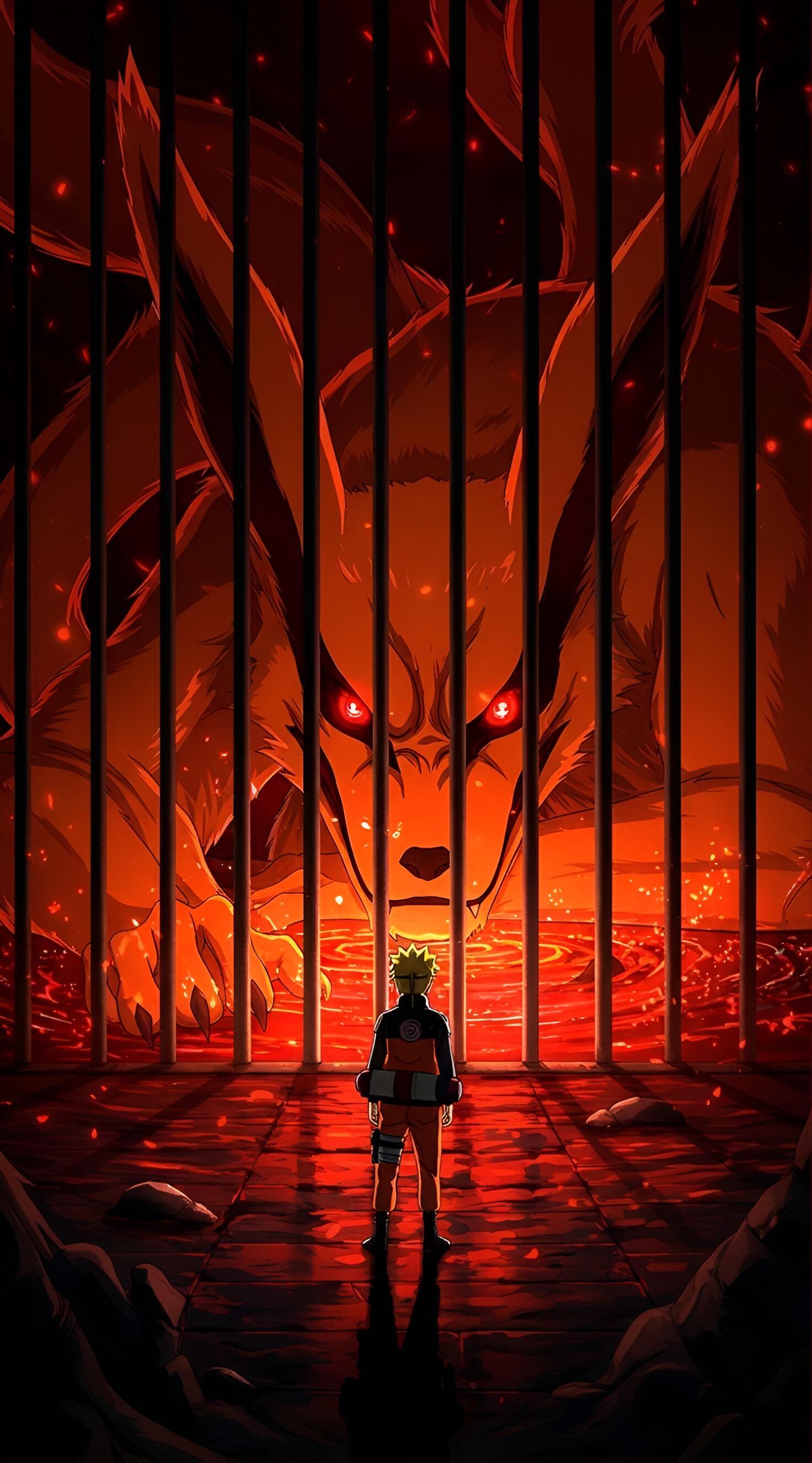 Anime iPhone wallpaper: Naruto Uzumaki stands facing Kurama, the giant nine-tailed fox behind bars, bathed in intense red-orange firelight.