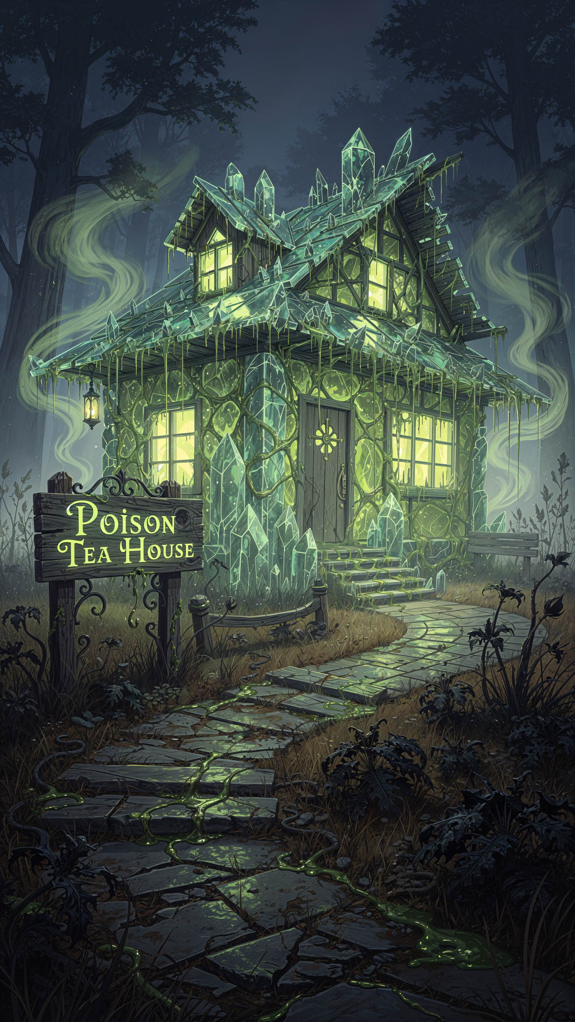 iPhone wallpaper: a glowing, vine-covered Poison Tea House in a misty forest, green vapor swirling around a cracked stone path leading to the lit cottage.