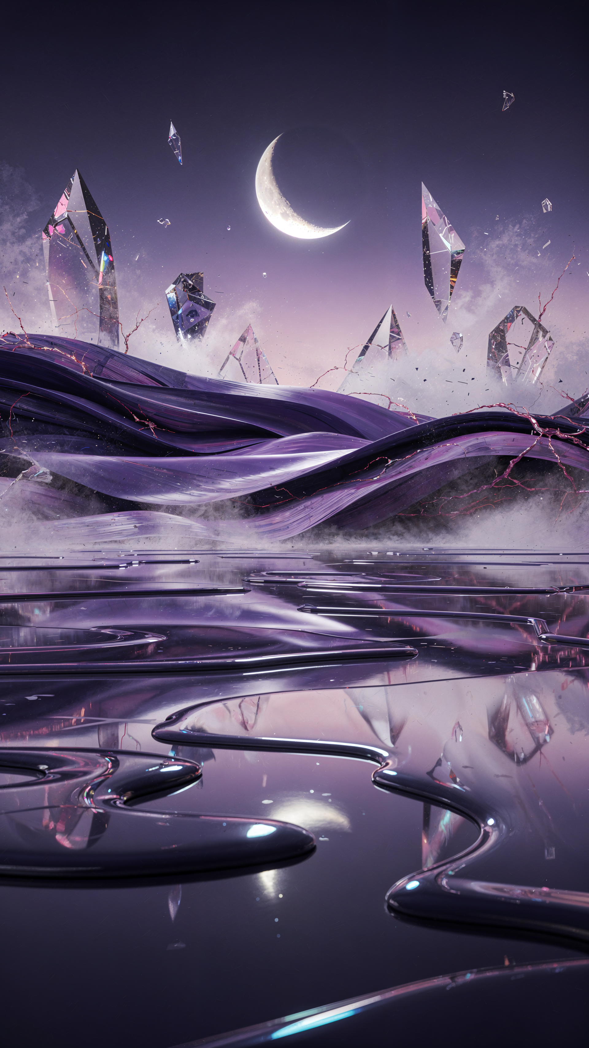 Abstract purple iPhone wallpaper: surreal landscape of flowing purple ribbons, floating crystal shards and a crescent moon reflected in a glossy, mirror-like liquid foreground.