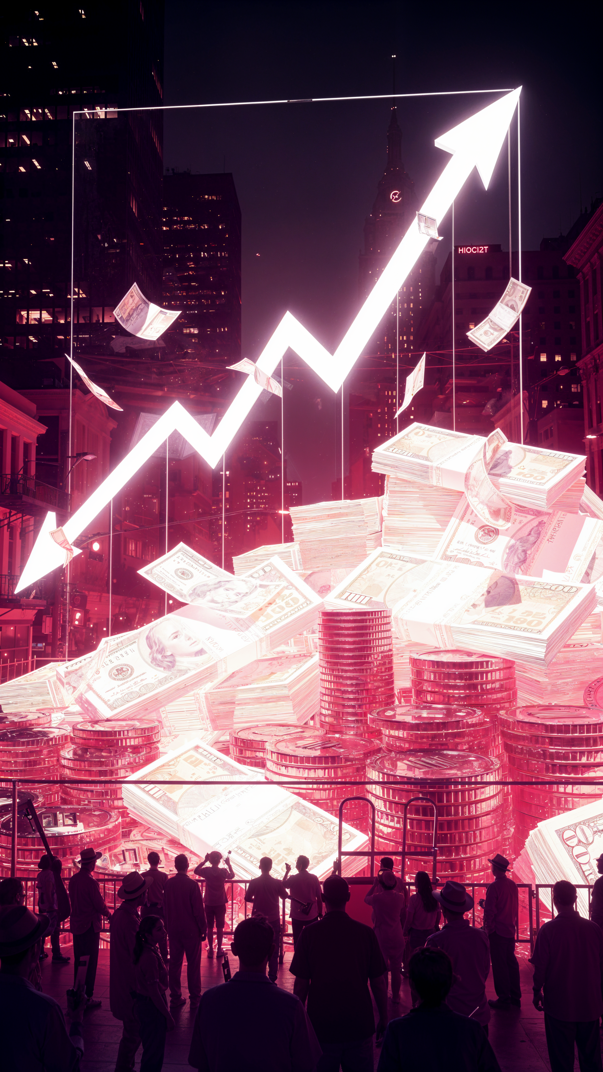 iPhone wallpaper: neon-pink city scene with towering stacks of coins and cash, rising arrow chart signaling inflation; silhouetted crowd watches in foreground.
