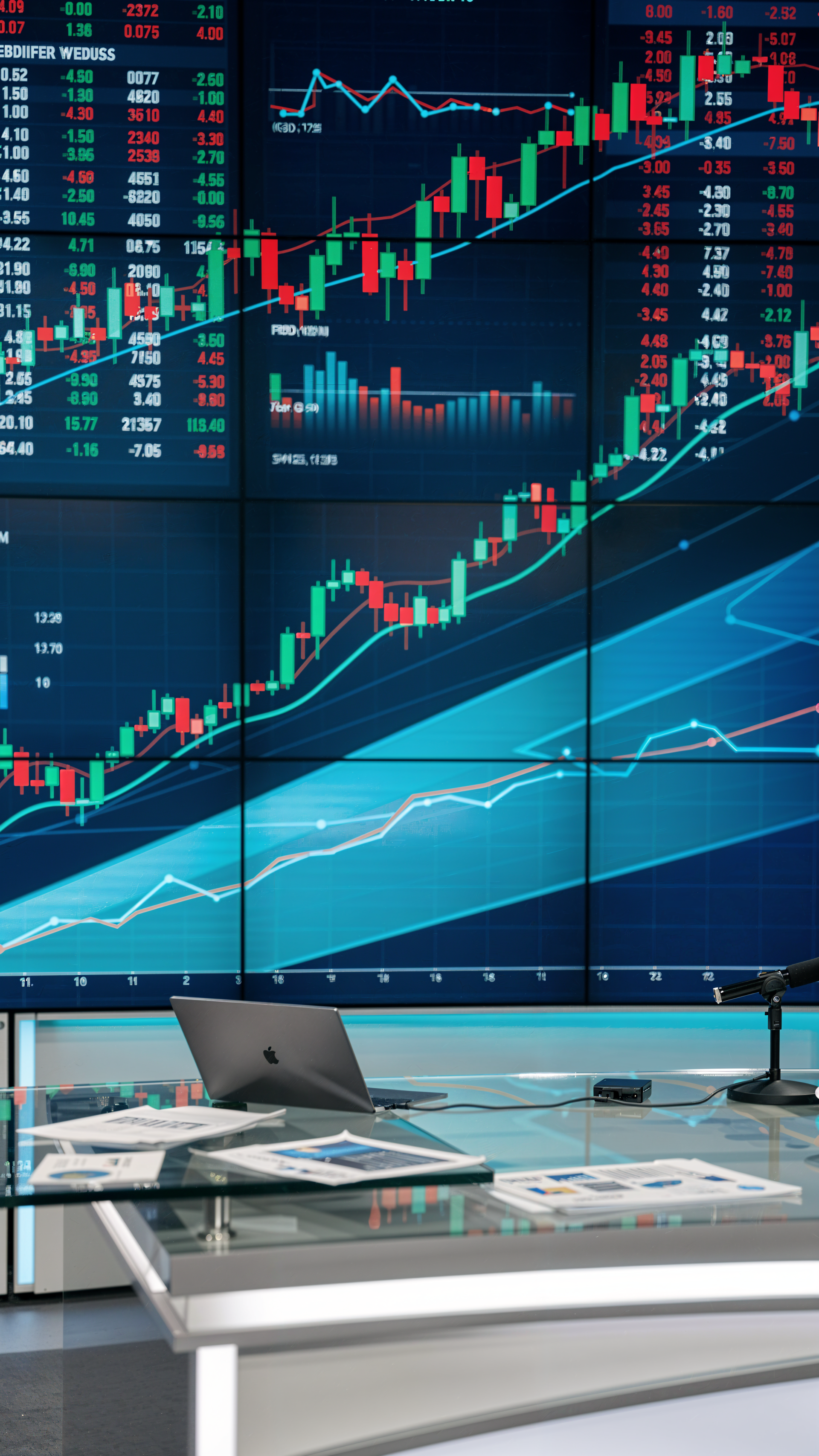 iPhone wallpaper featuring a large stock market chart: green and red candlesticks, moving averages, volume bars and trend lines across a dark blue trading dashboard.
