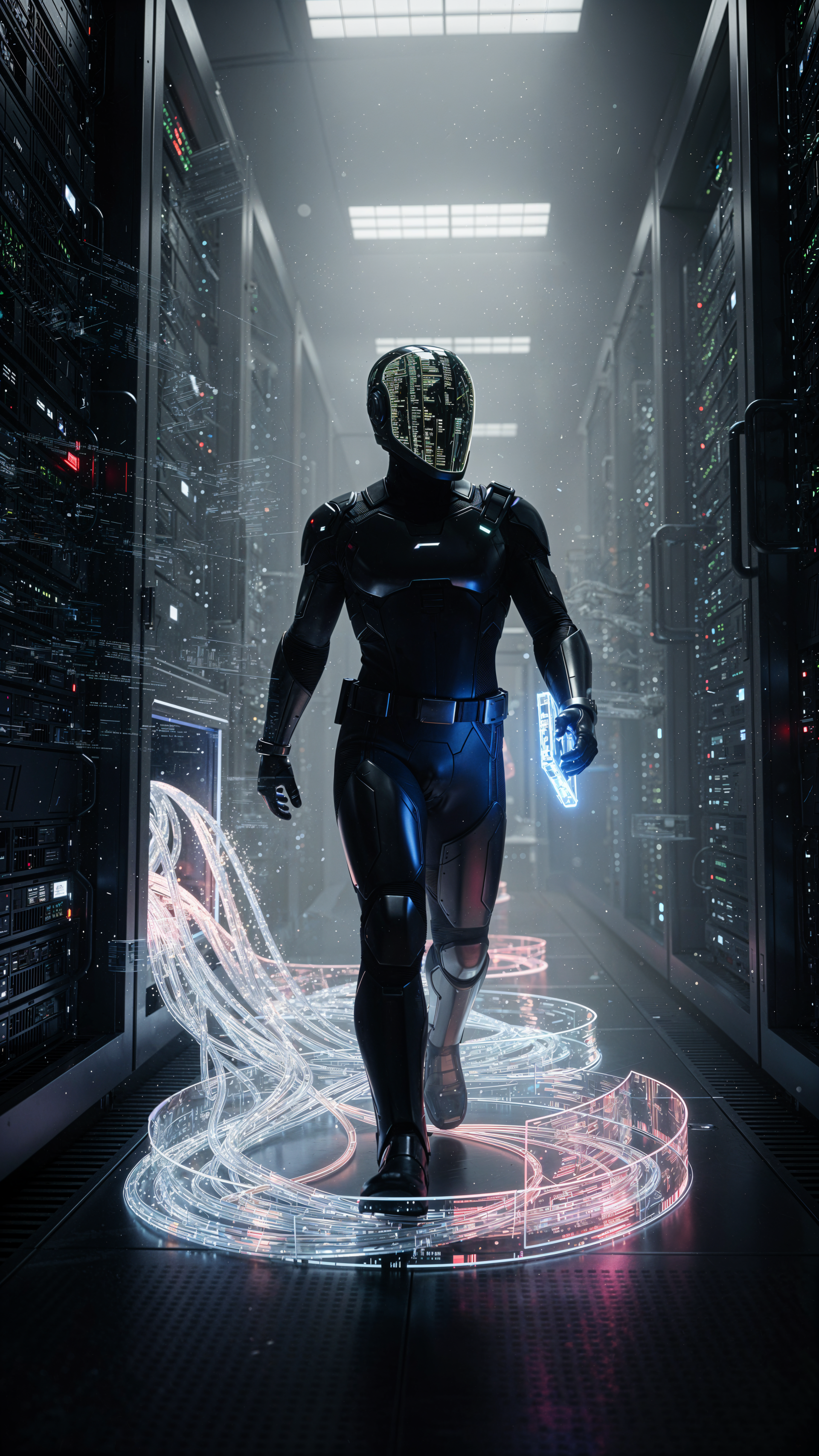 Phone/iPhone wallpaper of a data runner cyborg striding down a glowing server aisle, leaving swirling neon data ribbons in its wake.