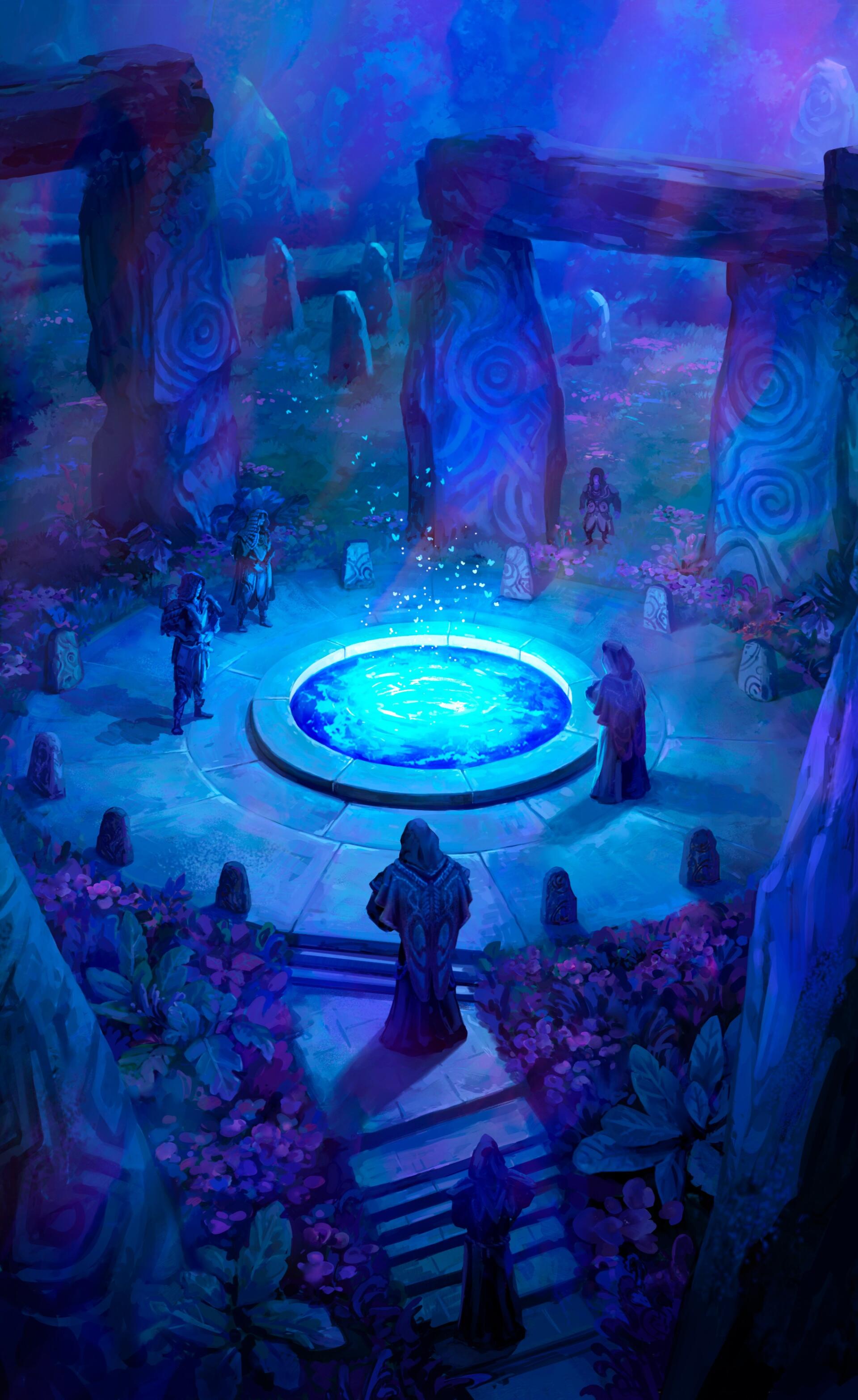 Blue fantasy forest phone wallpaper: hooded figures encircle a glowing portal pool amid standing stone monoliths in a moonlit ritual.