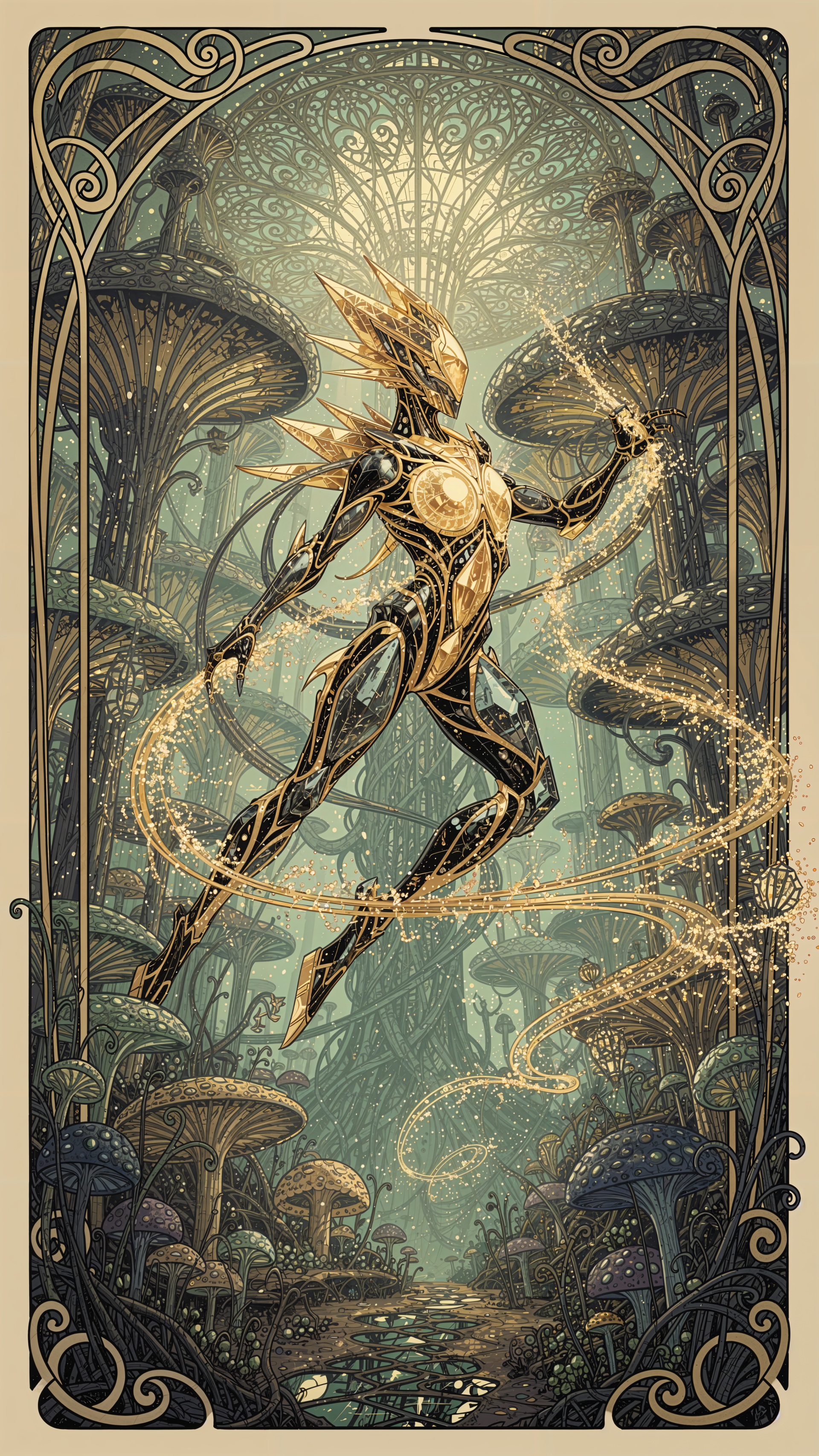 Phone wallpaper: a golden, armored alien creature levitating in an art nouveau mushroom forest, surrounded by swirling strands of light and intricate organic architecture.