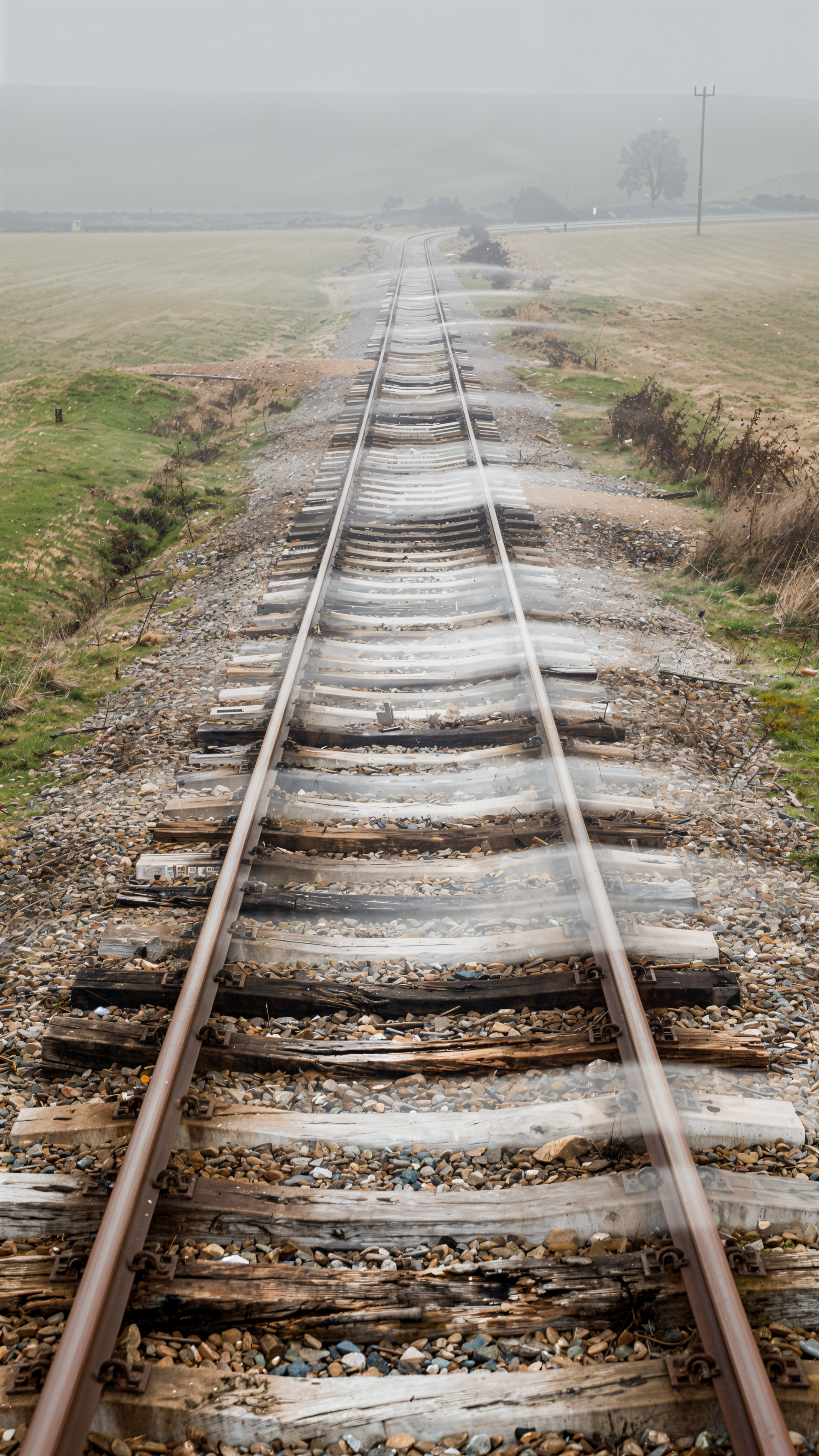 Vertical iPhone wallpaper of weathered train tracks stretching into mist across flat, grassy fields, with subtle motion blur and muted, wintry tones.