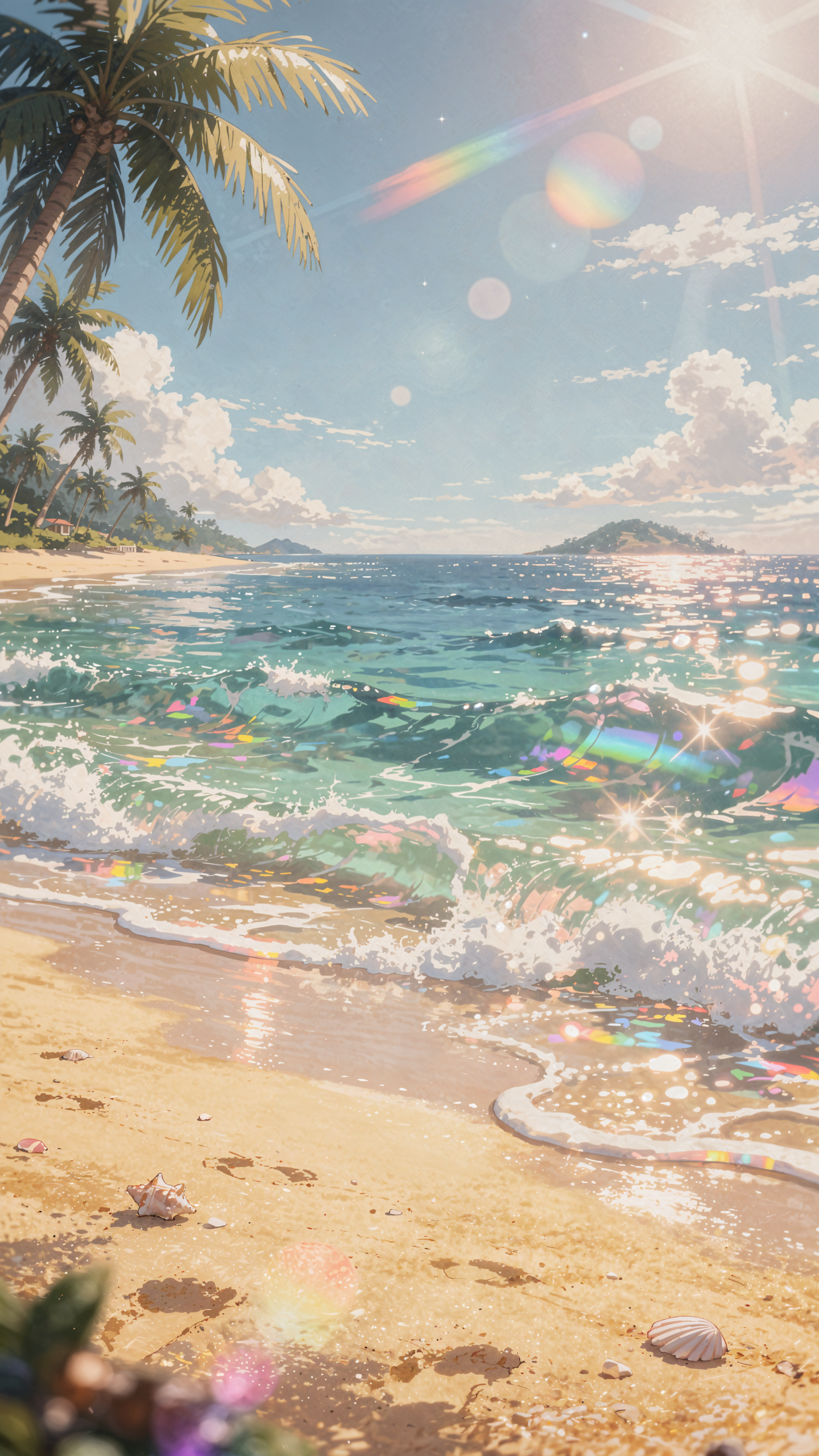 Anime beach iPhone wallpaper — sunlit turquoise waves lapping a sandy shore with palm trees, seashells, distant island and rainbow lens flares.