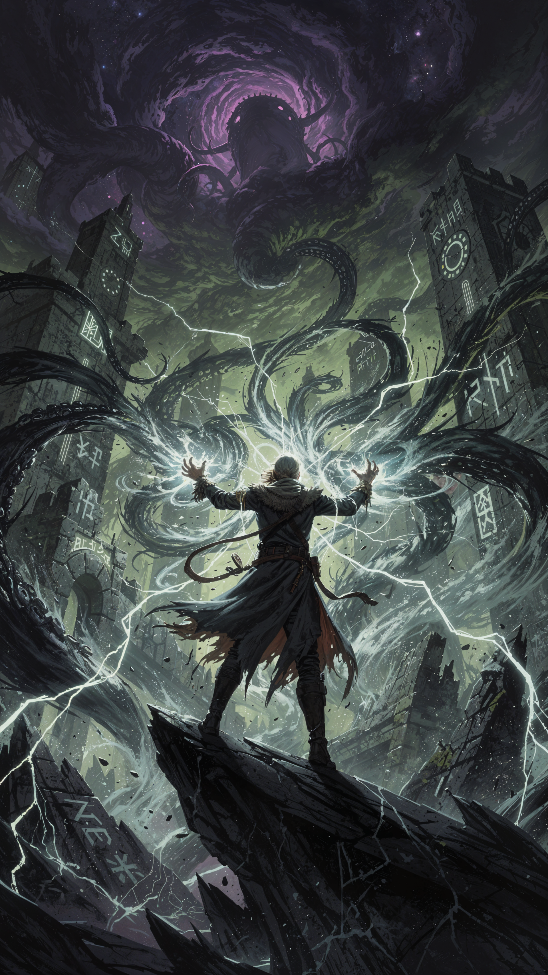 iPhone wallpaper: lone figure on a jagged rock raises arms as eldritch tentacles and lightning consume a ruined city beneath a cyclopean pink maw — lovecraftian horror.