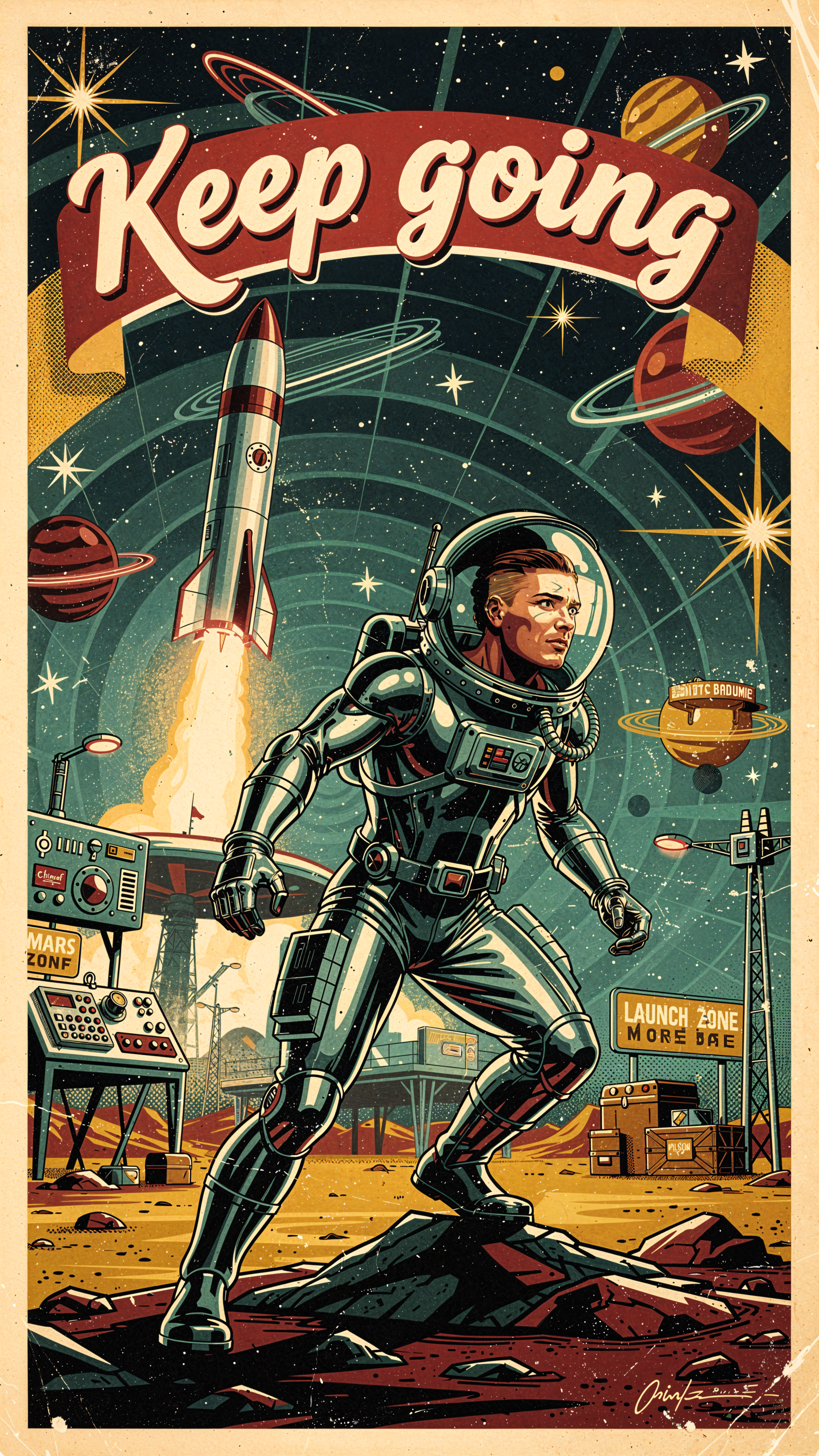 Retro sci‑fi iPhone wallpaper: determined astronaut strides across a Mars-like launch zone as a rocket lifts off and planets ring the sky, bold banner reading Keep going.