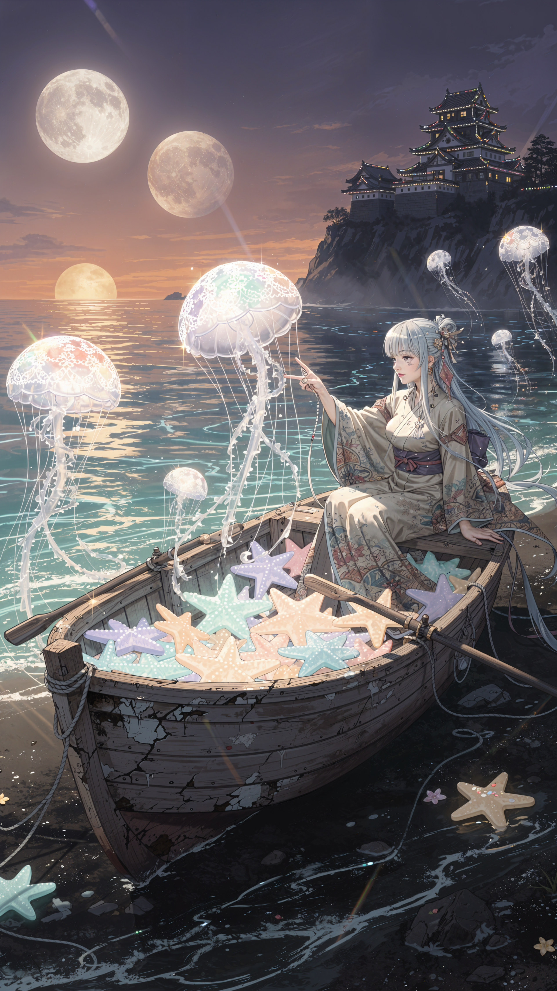 Anime beach iPhone wallpaper: a girl in a kimono sits in a rowboat of pastel starfish, reaching toward glowing jellyfish drifting over a moonlit sea beneath twin moons and a cliffside castle.