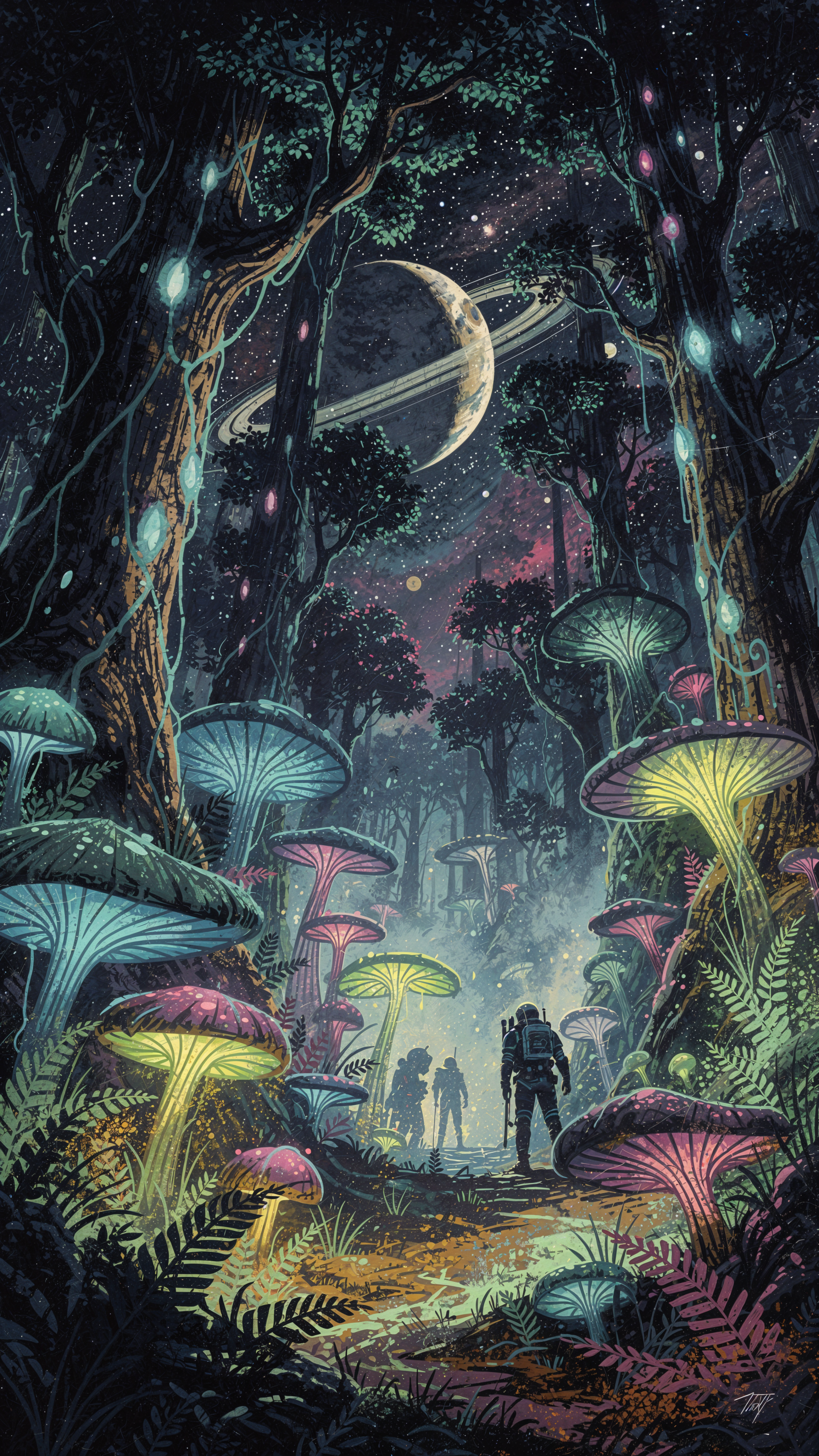 iPhone wallpaper: bioluminescent forest with glowing mushrooms and trees, silhouetted explorers walking a path under a ringed moon and star-filled sky.