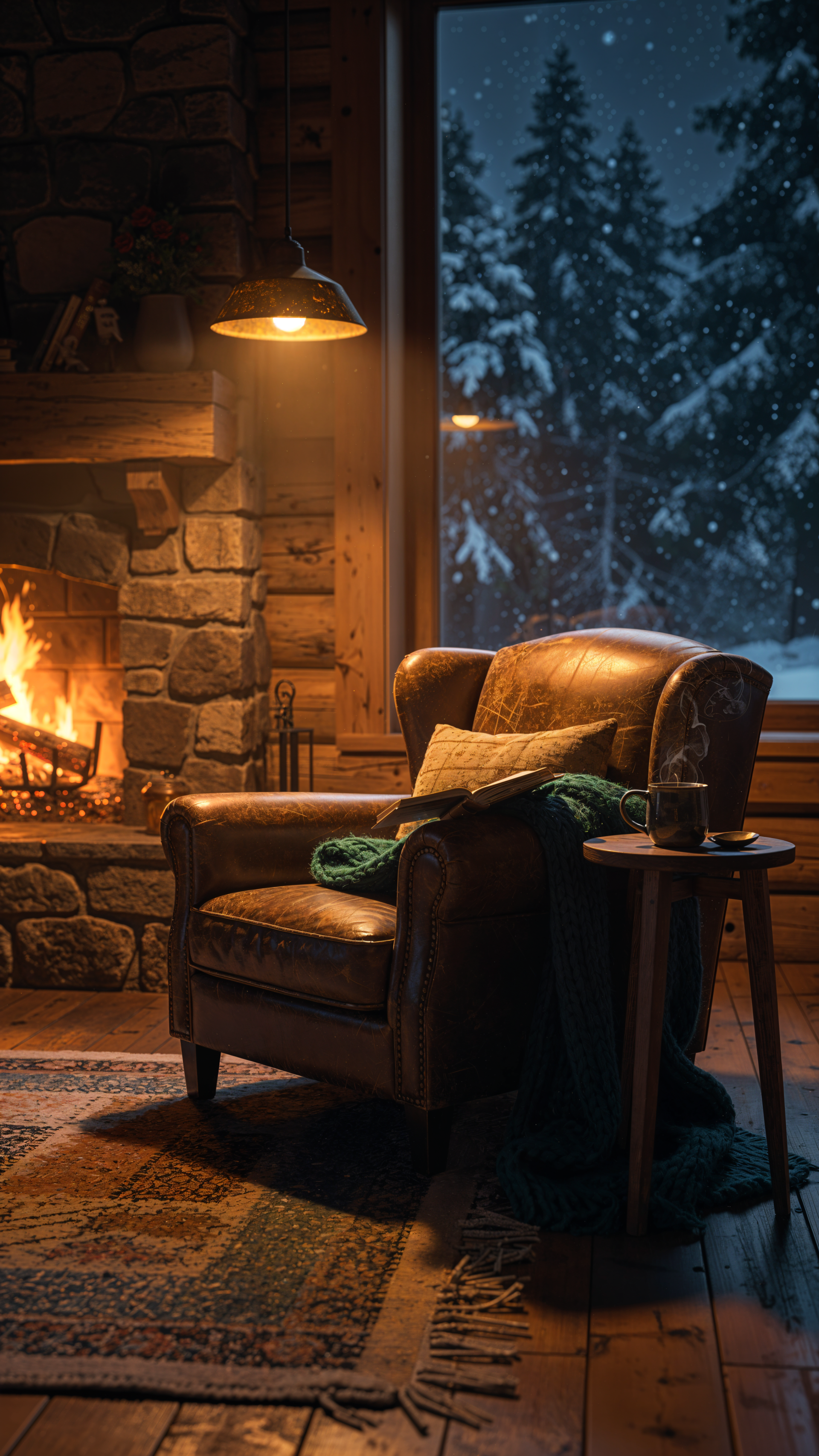 Cozy winter iPhone wallpaper: leather armchair by a roaring stone fireplace, warm lamp glow, knitted throw and mug on a side table, snowy pines visible outside.