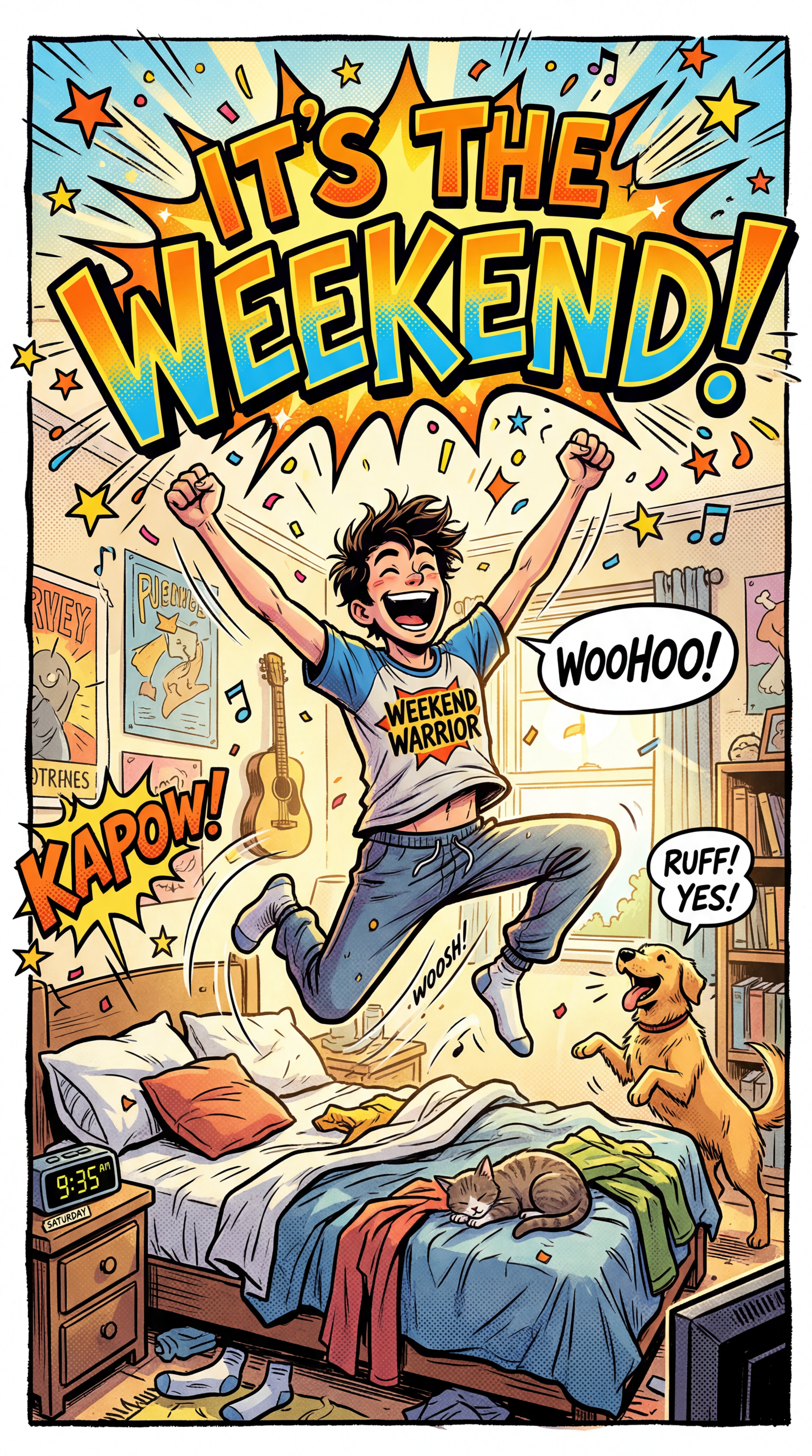 iPhone wallpaper — comic-style scene of a person jumping off a messy bed cheering, dog barking, posters and guitar in the room, with big colorful lettering: IT'S THE WEEKEND!