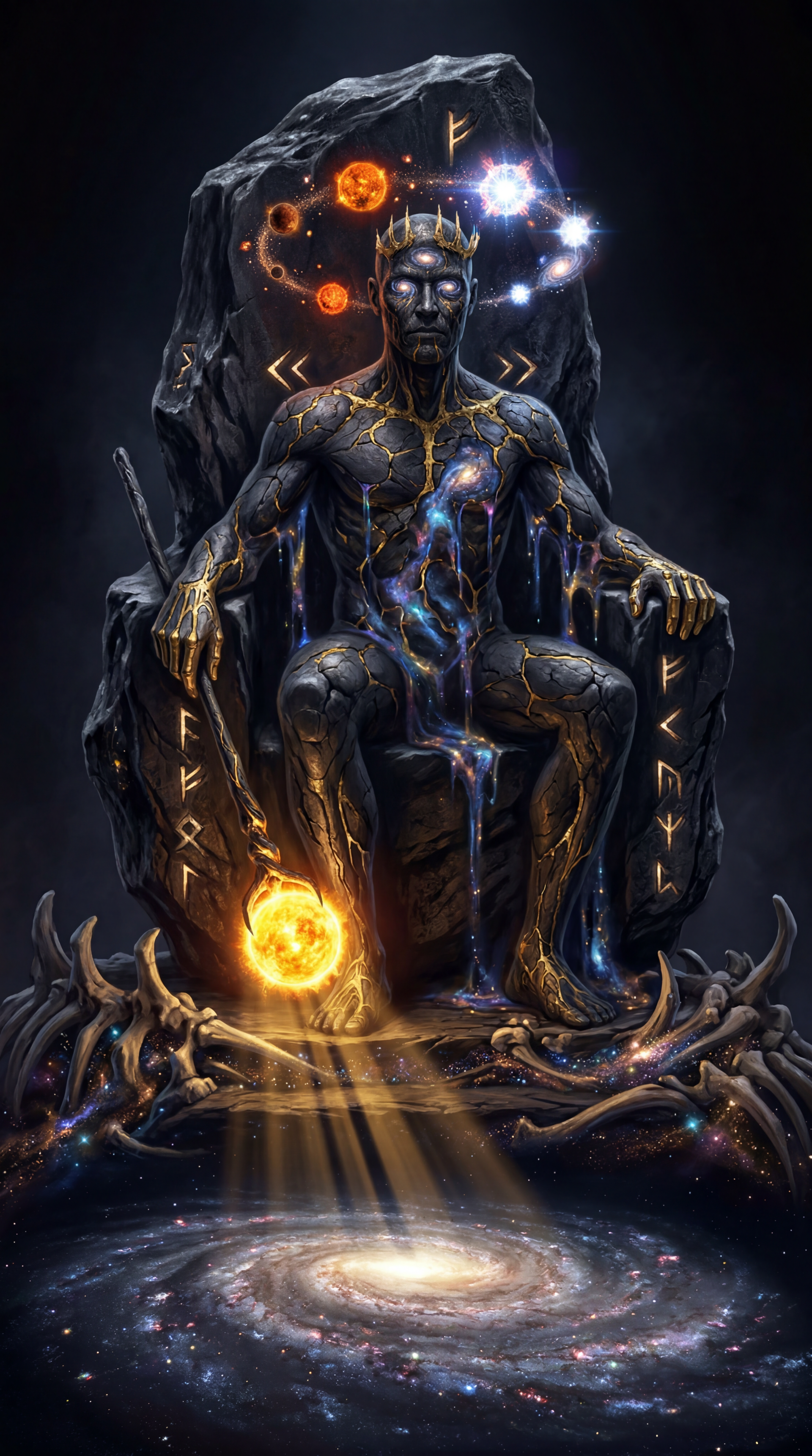 Phone wallpaper of a crowned god-emperor on a cosmic throne—stone body veined with starlight, clutching a fiery orb as a spiral galaxy glows beneath.