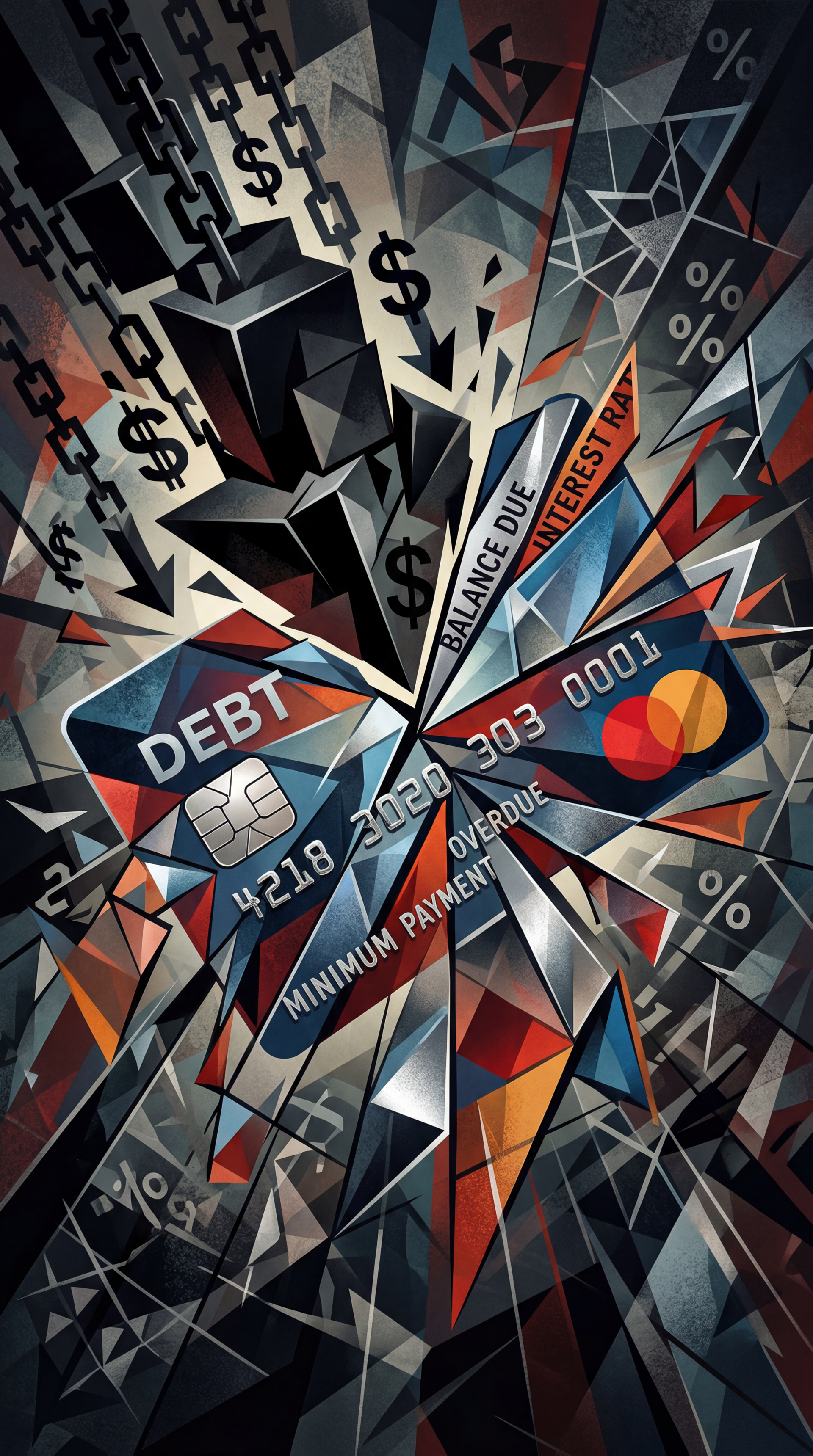 iPhone wallpaper of a shattered credit card labeled DEBT, surrounded by chains, dollar signs, balance due, minimum payment, and % symbols — depicting credit card debt.