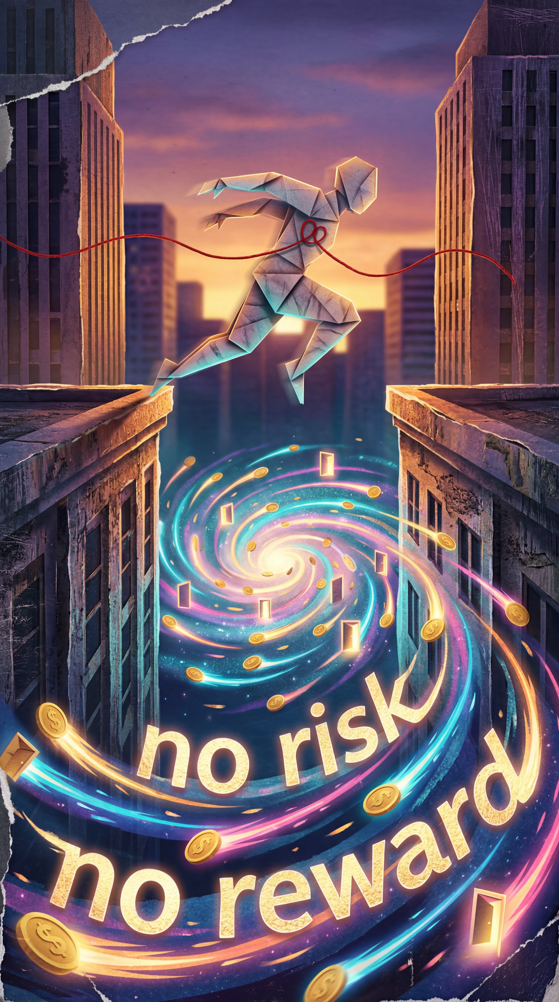 iPhone wallpaper of a geometric figure leaping between skyscrapers above a glowing vortex of coins and cards, with the phrase no risk no reward swirling beneath.