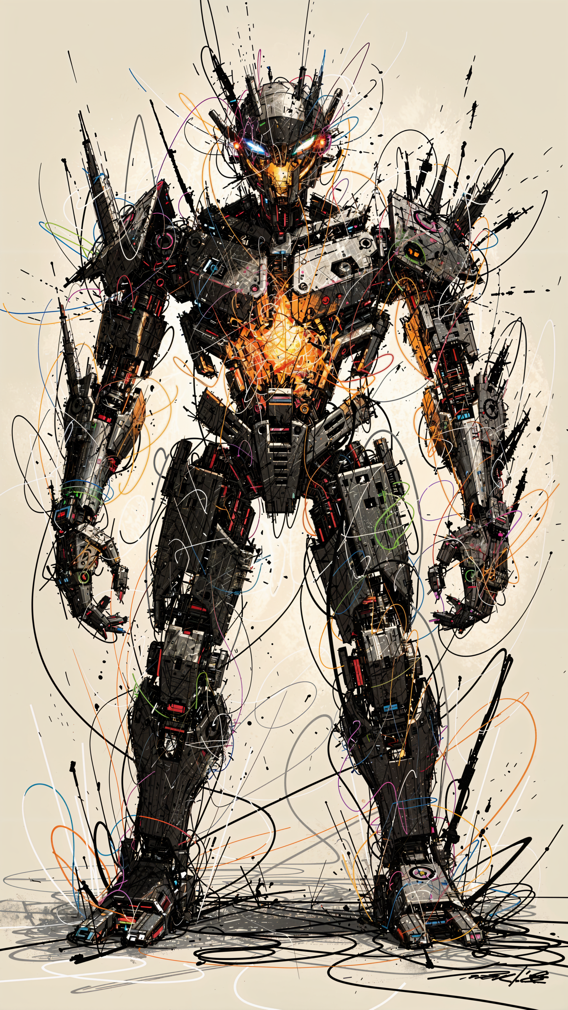 Ink-splattered robotic organism standing tall with exposed wiring, glowing chest core and horned helmet — bold, high-contrast phone/iPhone wallpaper.